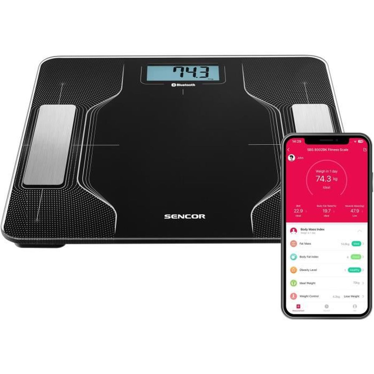 Schwarze Digitalwaage mit Gewichtsanzeige, verbunden mit Telefon mit Daten.
