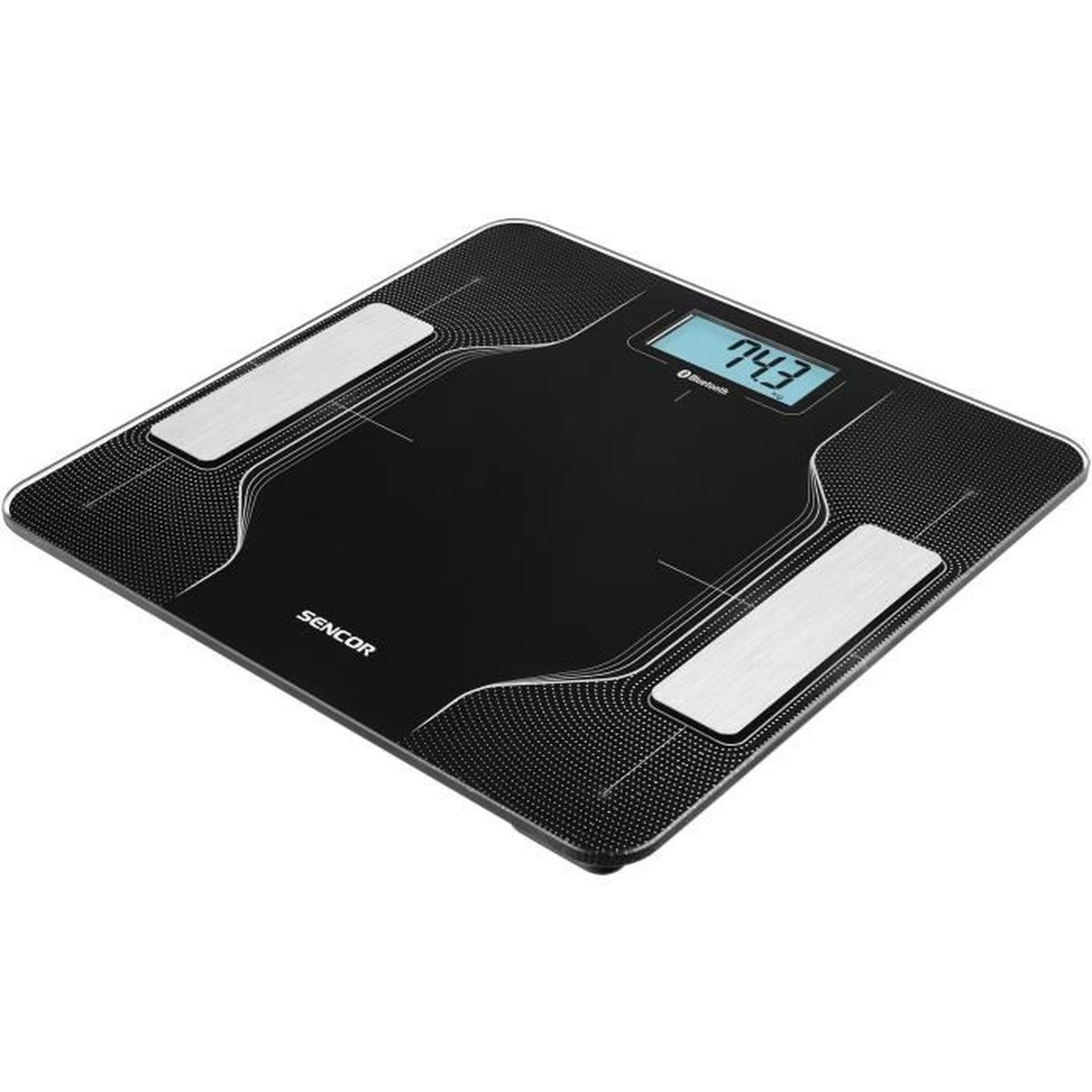 Schwarze digitale Waage von Sencor. Zeigt 74,3 auf dem Bildschirm.