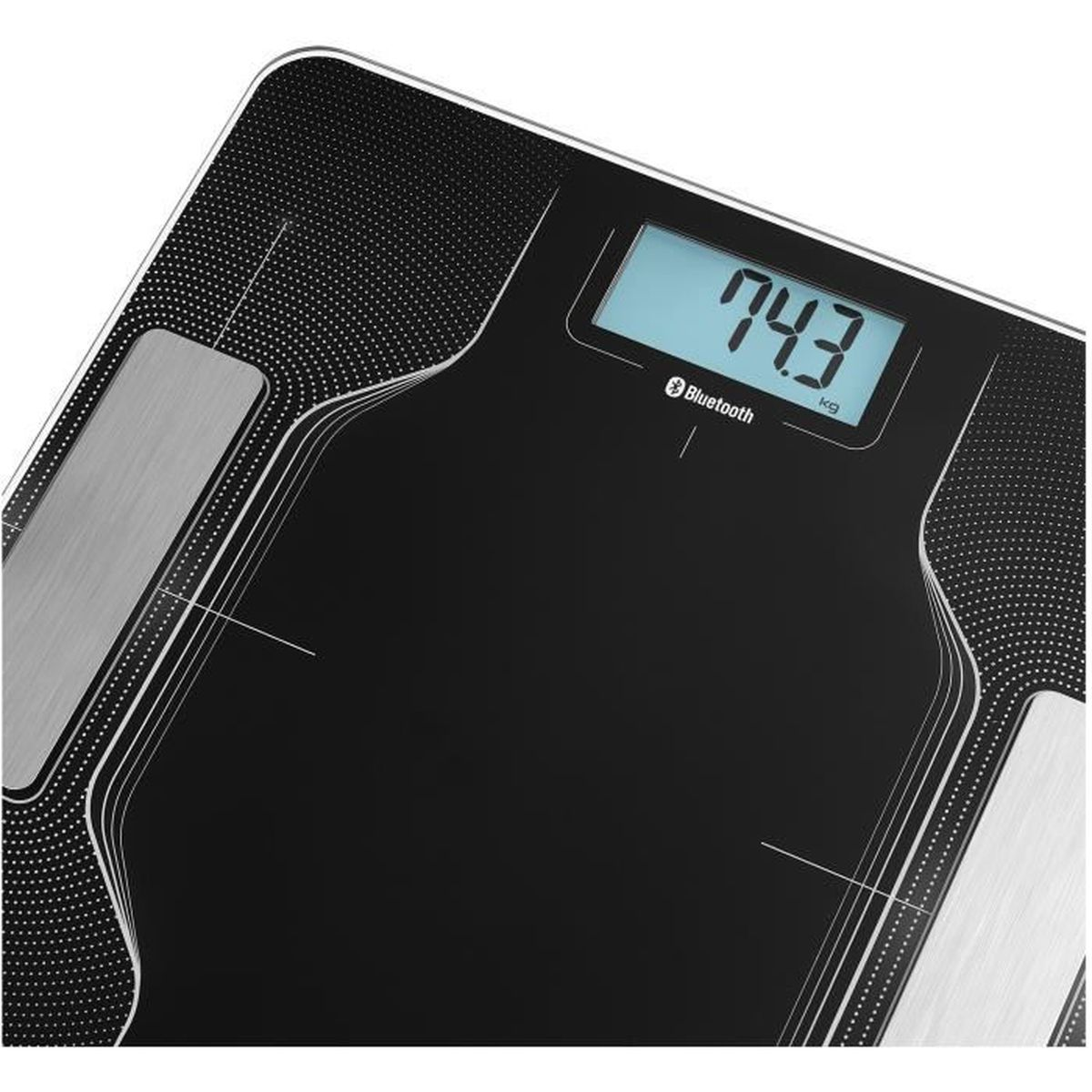 Eine schwarze digitale Waage. Sie zeigt 74,3 kg auf dem Bildschirm an. Bluetooth-Logo ist sichtbar.