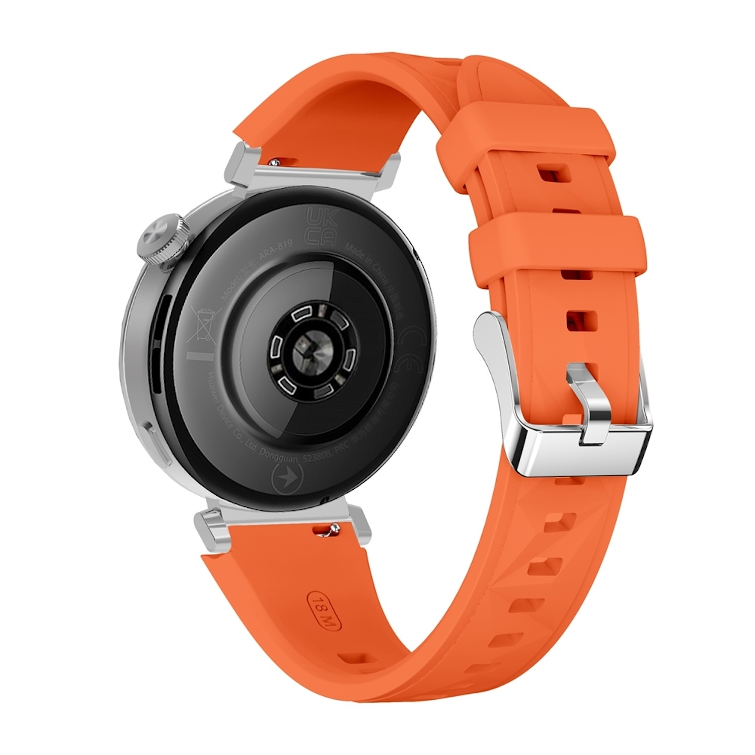 Nahaufnahme einer Smartwatch mit orangefarbenem Armband. Rückseite zeigt Sensor und Ladepunkte.