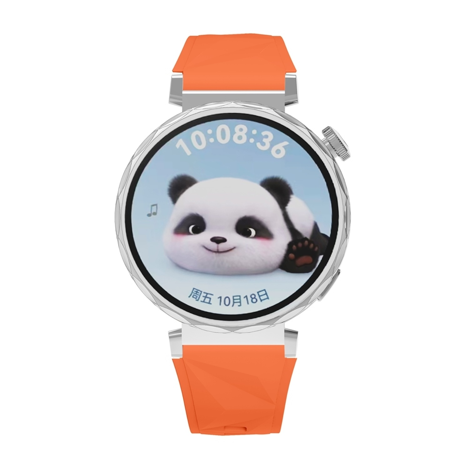 Eine Smartwatch mit orangefarbenem Armband zeigt einen Panda-Cartoon, Uhrzeit und Datum.