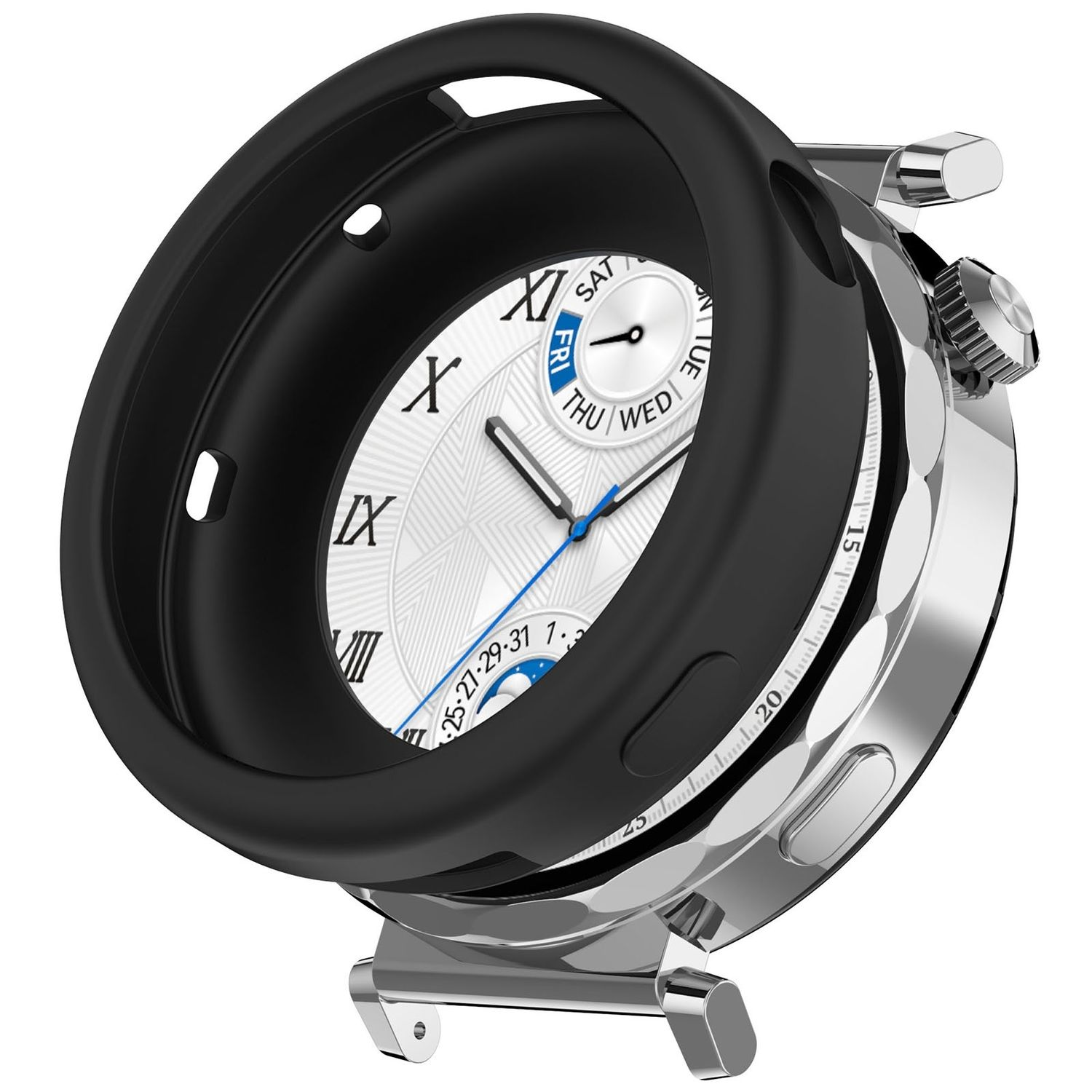 Silberne und schwarze Uhr mit schwarzem Schutzgehäuse.