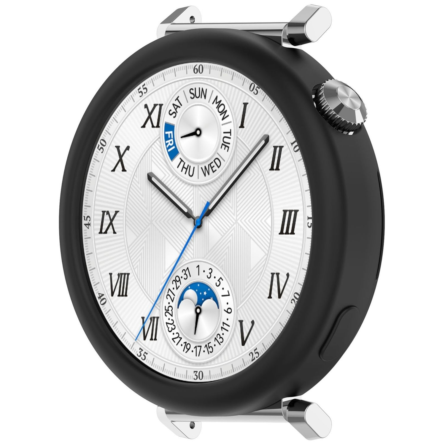 Schwarze Smartwatch mit weißem Zifferblatt. Sie hat mehrere Zifferblätter und eine Krone an der Seite.