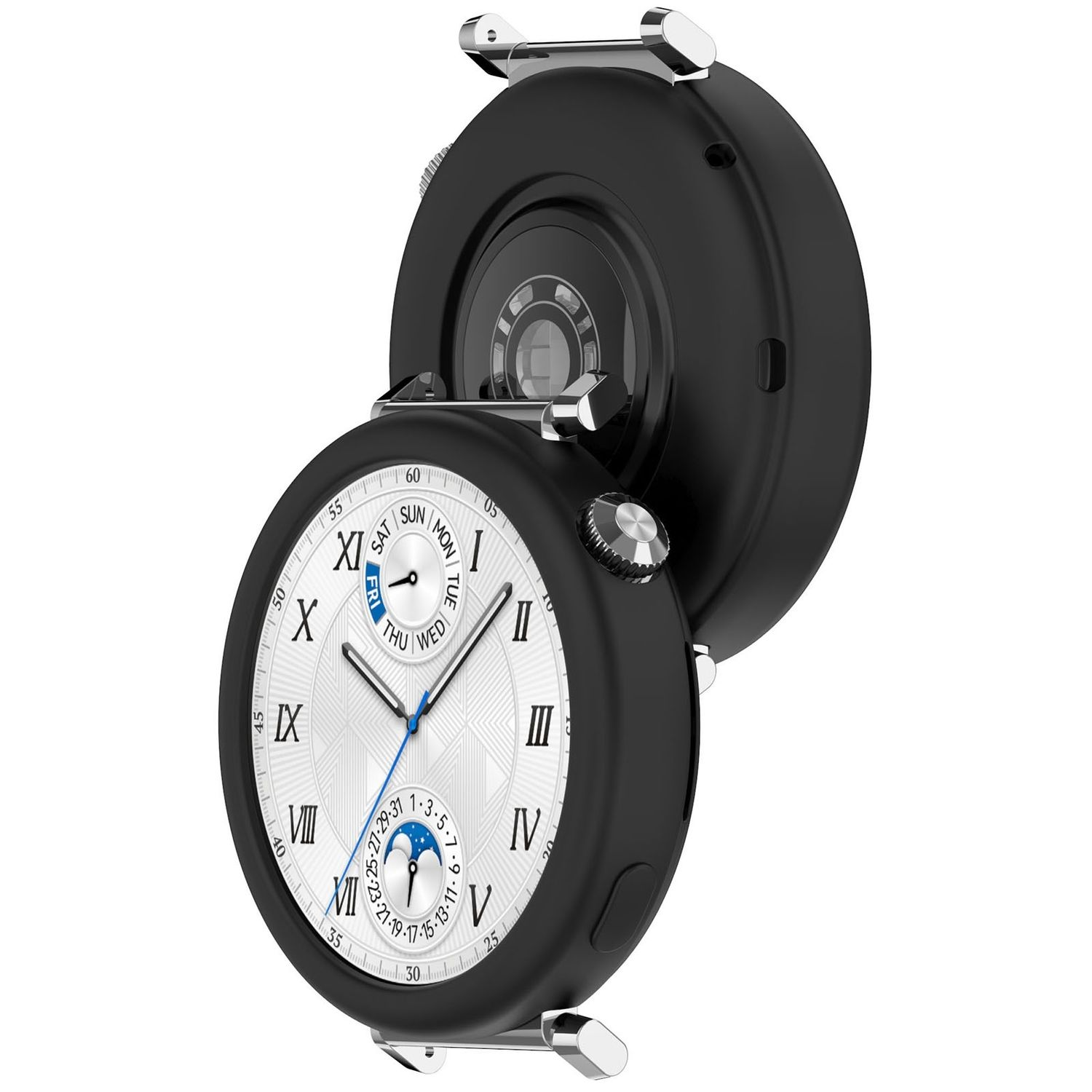 Schwarze Smartwatch mit weißem Zifferblatt, geöffnet, um die Rückseite zu zeigen. Silberne Akzente und schwarzes Armband.