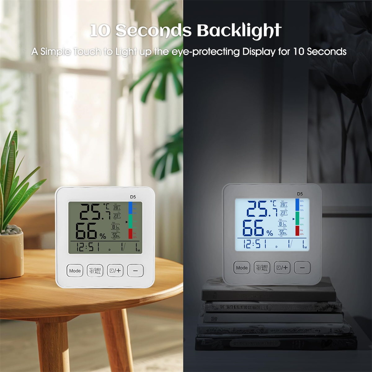 Digitales Thermometer mit zwei Anzeigen, die Temperatur, Luftfeuchtigkeit und Uhrzeit anzeigen. Eine mit und eine ohne Hintergrundbeleuchtung.