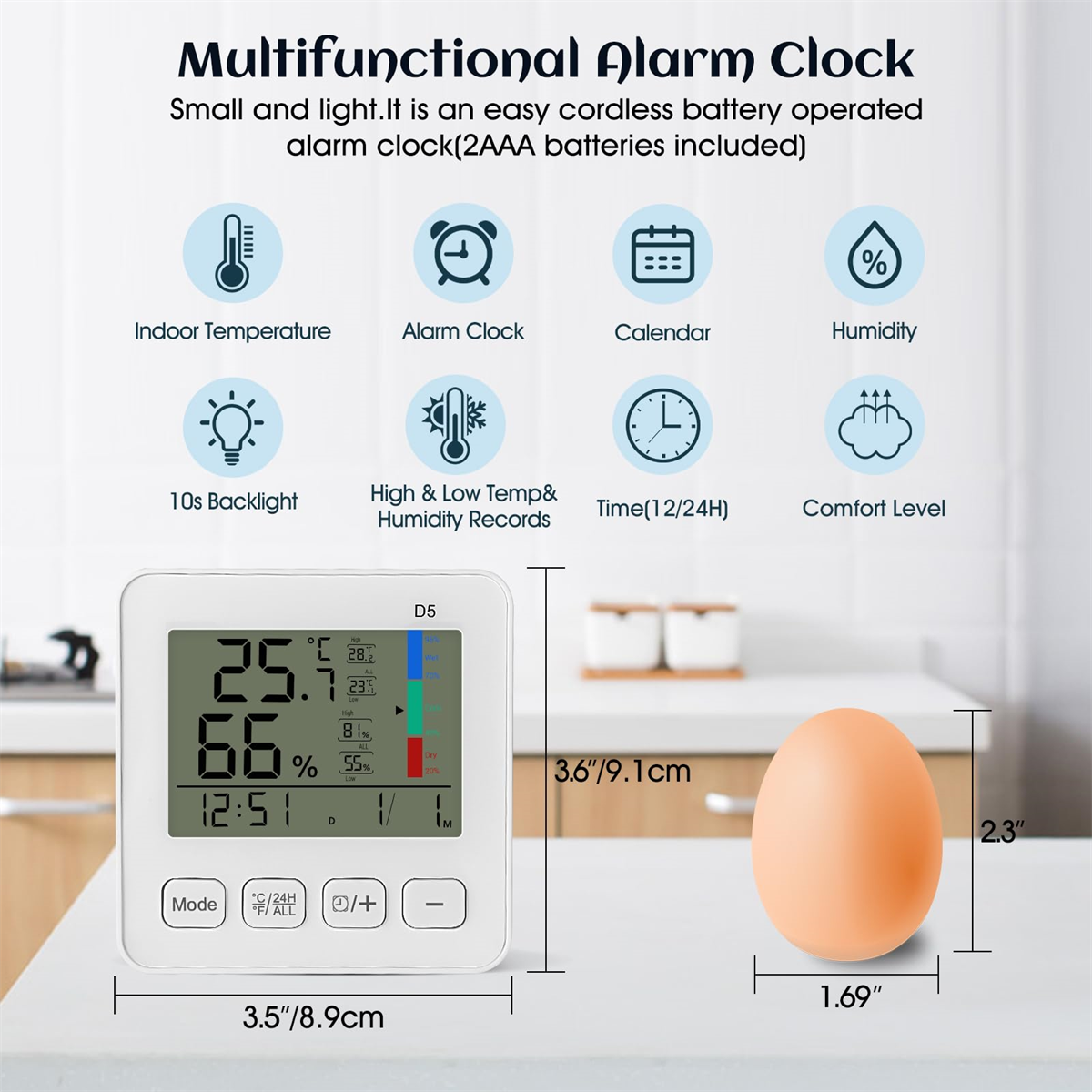 Digitaler Wecker mit Temperatur, Uhrzeit und anderen Symbolen, sowie ein eiförmiges Objekt.