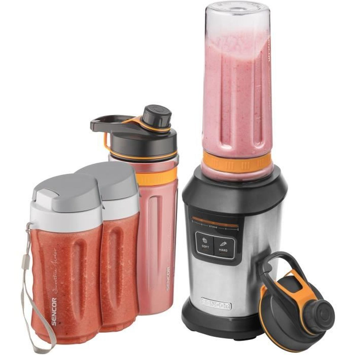 Frullatore con bottiglie, frullato. Base in acciaio inox, dettagli arancioni.