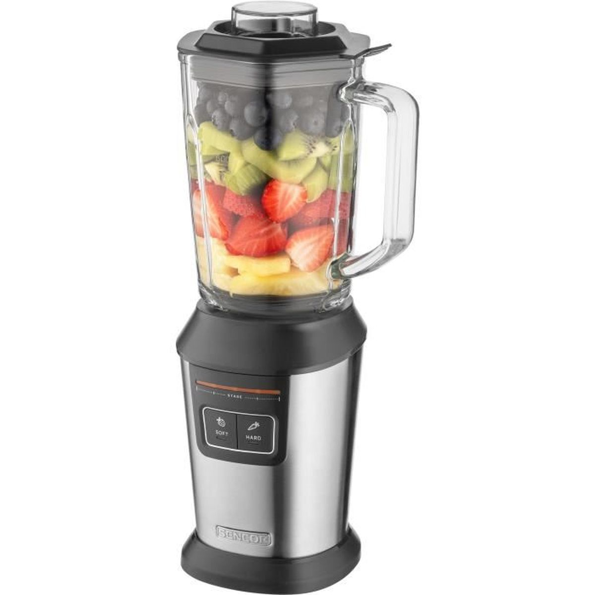 Un frullatore con frutta all'interno. La frutta include fragole, kiwi, mirtilli e ananas.
