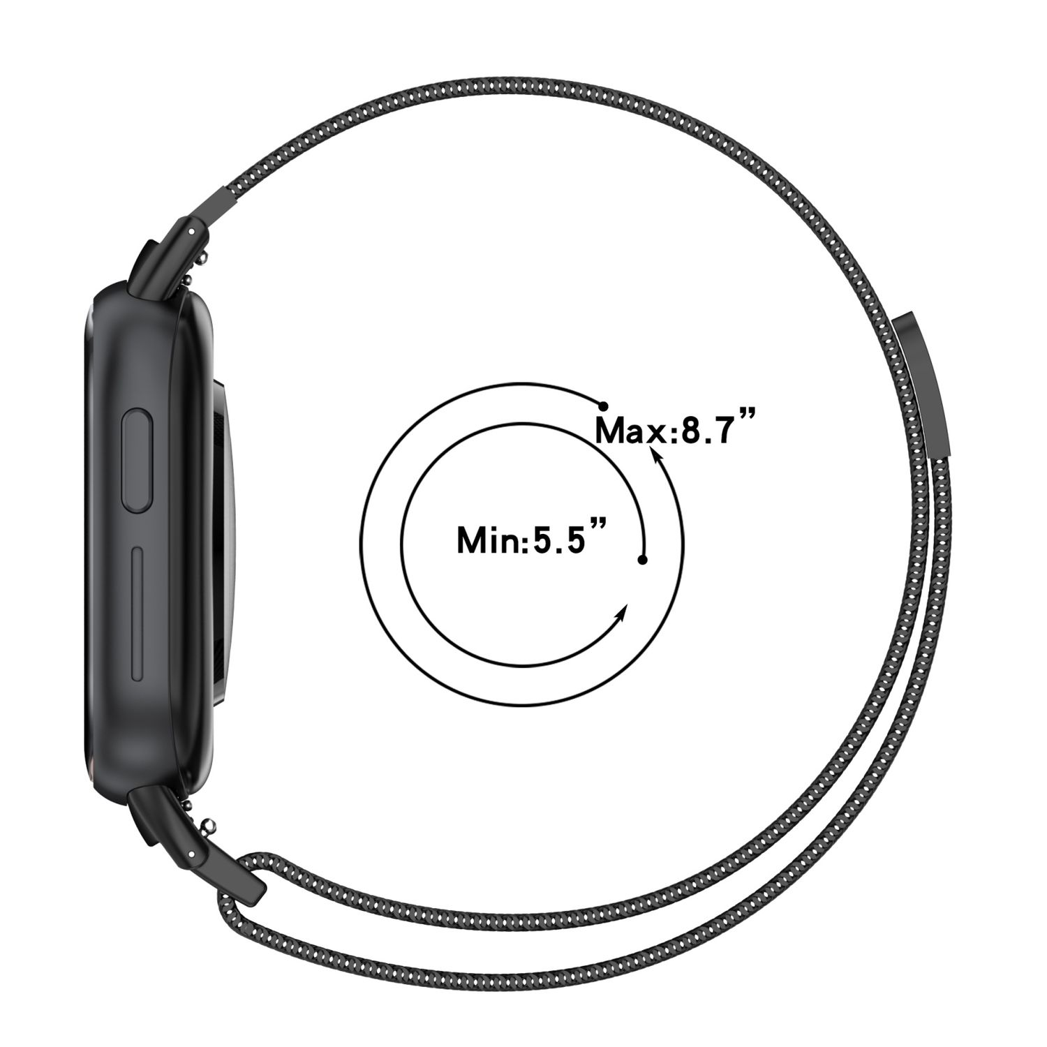 Eine schwarze Smartwatch mit einem Armband, das sich um einen Kreis mit Größenangaben befindet.