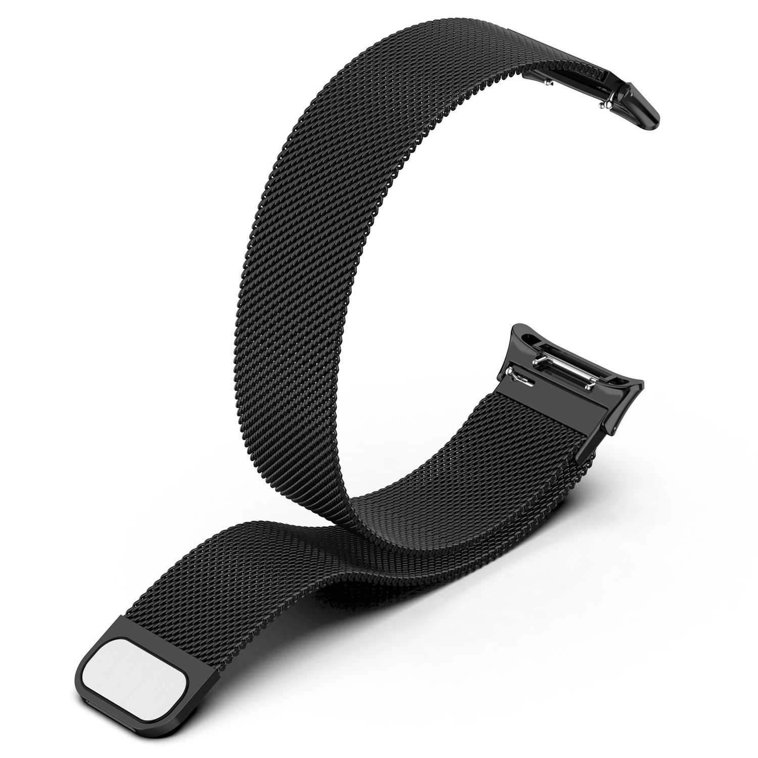 Schwarzes Mesh-Uhrenarmband. Das Band ist gebogen. Silberner Verschluss am Bandende.