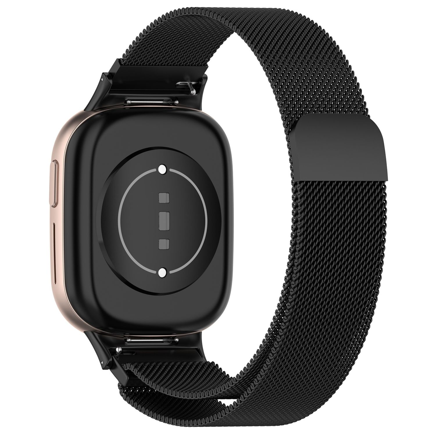Eine schwarze und goldene Smartwatch mit einem schwarzen Mesh-Armband. Die Uhr wird von der Unterseite betrachtet.