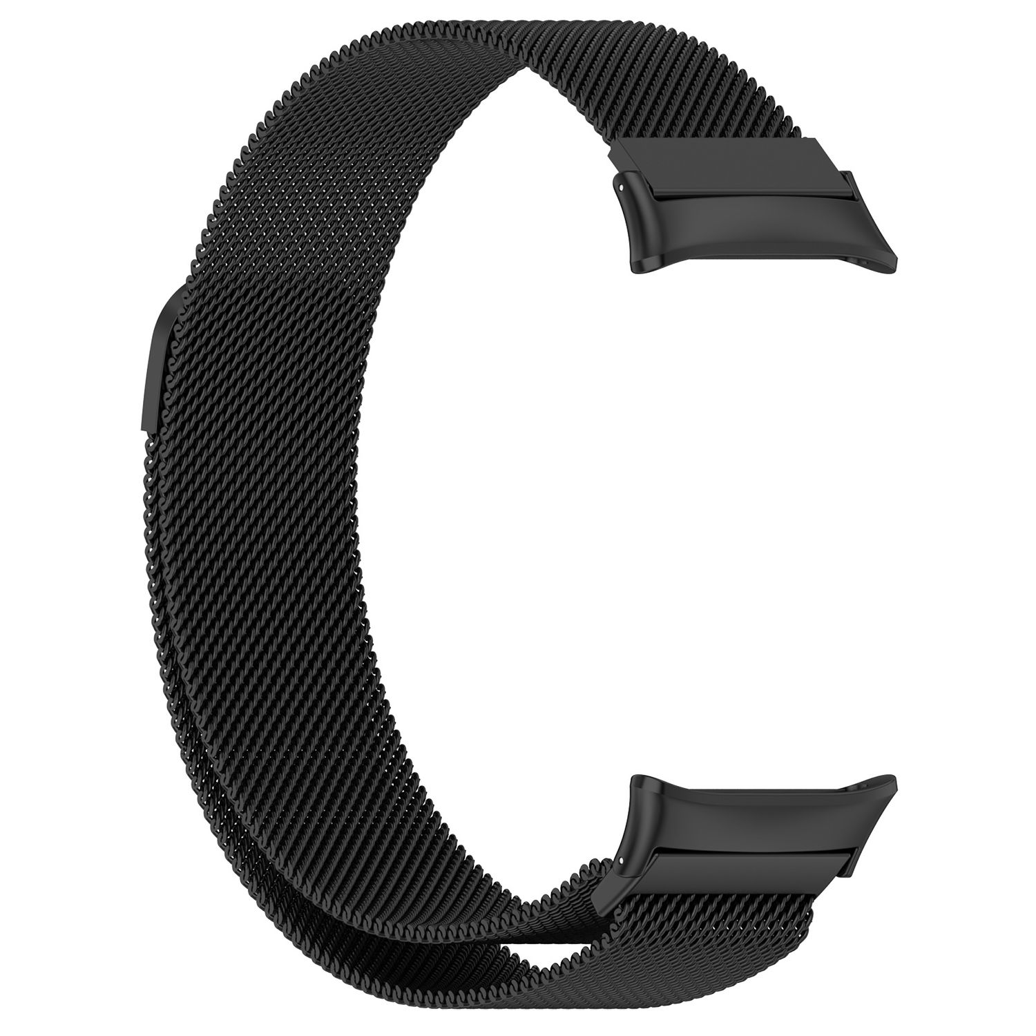 Schwarzes Uhrenarmband aus einem Mesh-Material. Das Band hat an jedem Ende zwei Anschlüsse.