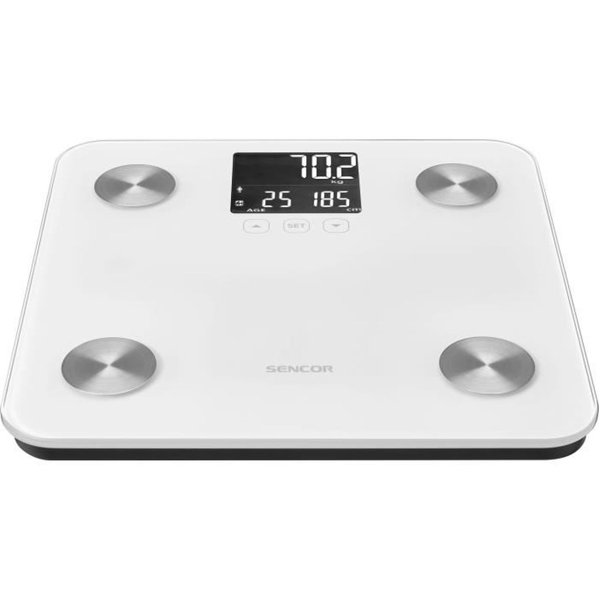 Eine weiße digitale Badezimmerwaage mit einer Anzeige von 70,2 kg und anderen Infos.