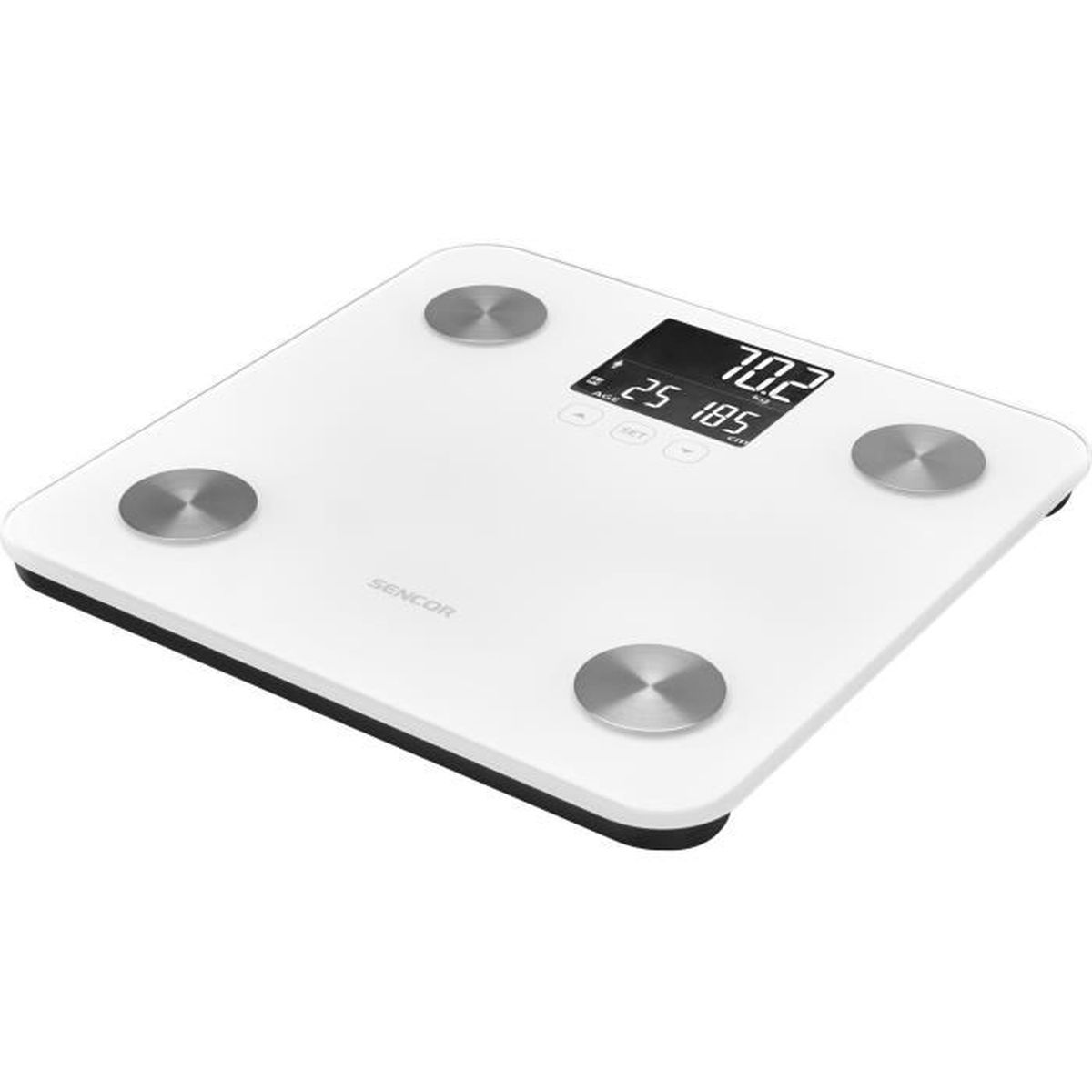 Eine weiße Digitalwaage mit silbernen, kreisförmigen Pads und einem Display.