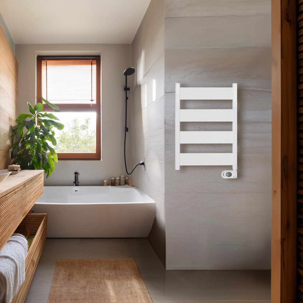 Escena de baño con bañera blanca, detalles en madera y toallero en la pared. Incluye plantas.