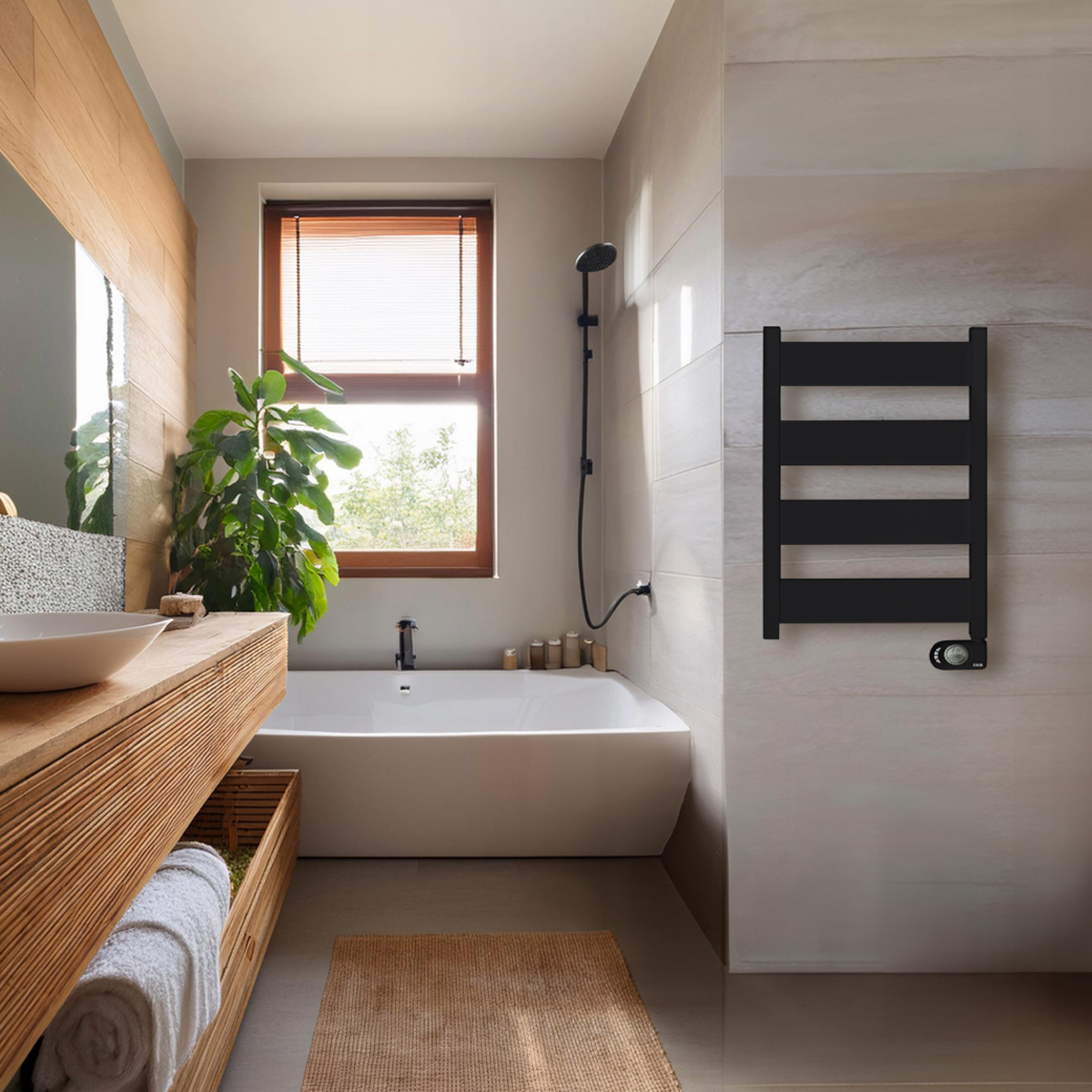 Escena de baño. Bañera blanca, radiador negro. Decoración de madera. Planta verde, ventana.