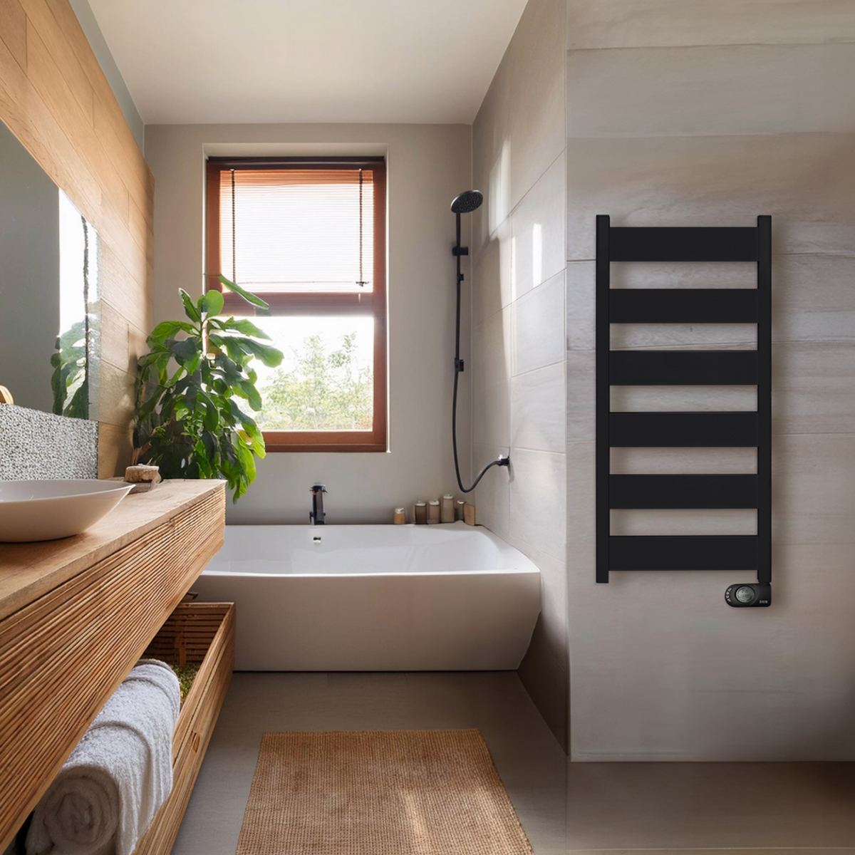 Baño con bañera, toallero negro, ventana con persianas. Planta verde y tocador de madera.