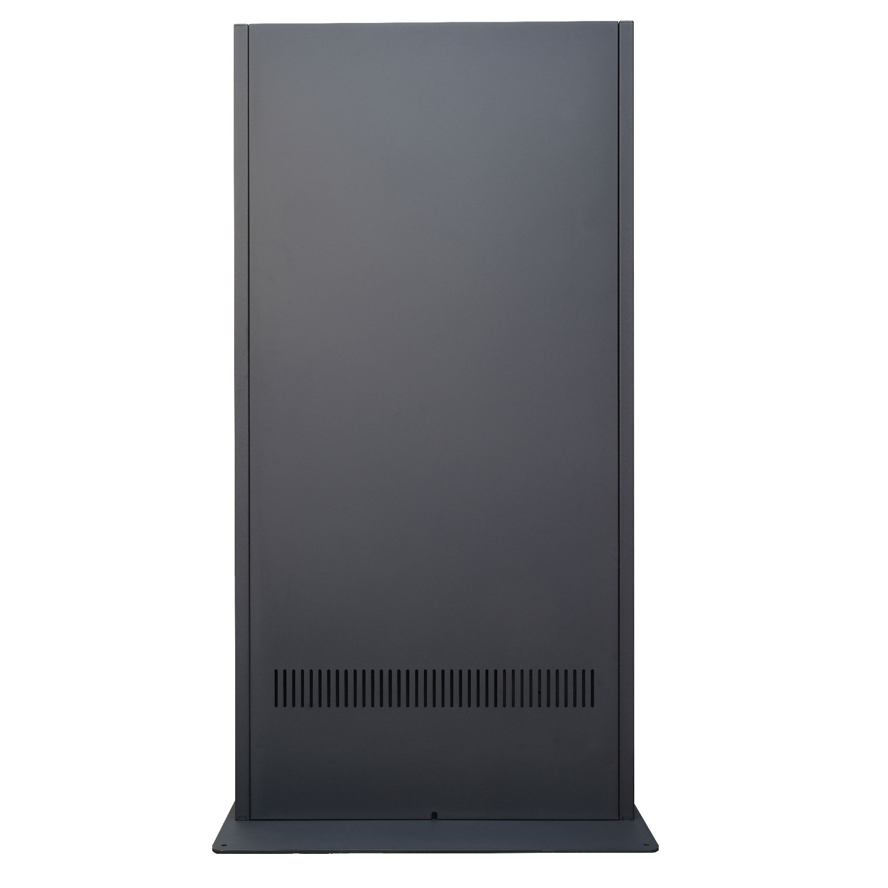 Un display pubblicitario rettangolare grigio. Ha una ventilazione nella parte inferiore.