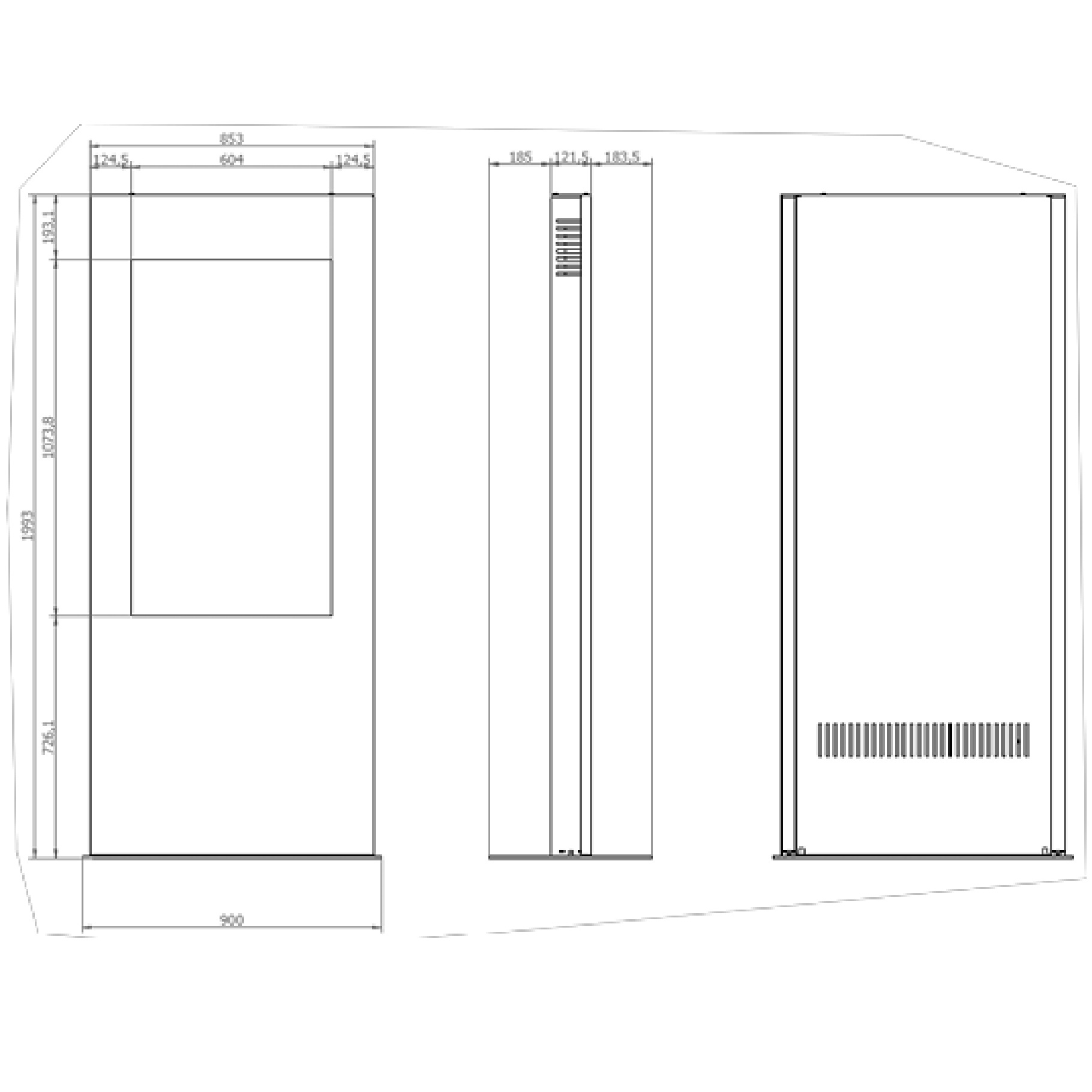 Disegno tecnico di un pannello rettangolare con dimensioni, probabilmente un elettrodomestico o una struttura.