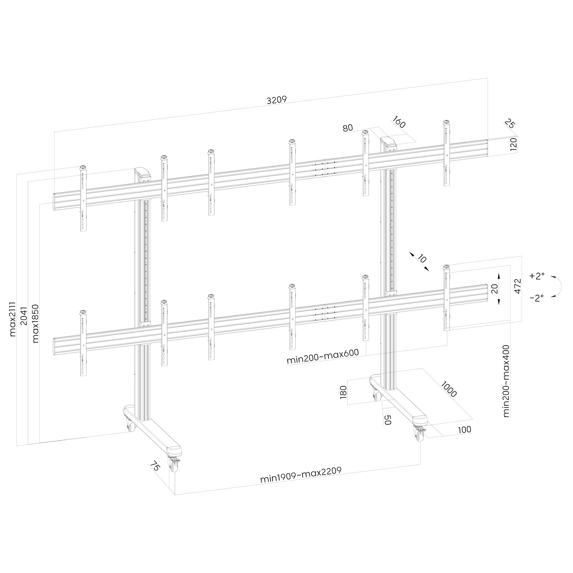 Dibujo técnico de soporte TV doble pantalla, con dimensiones y medidas.