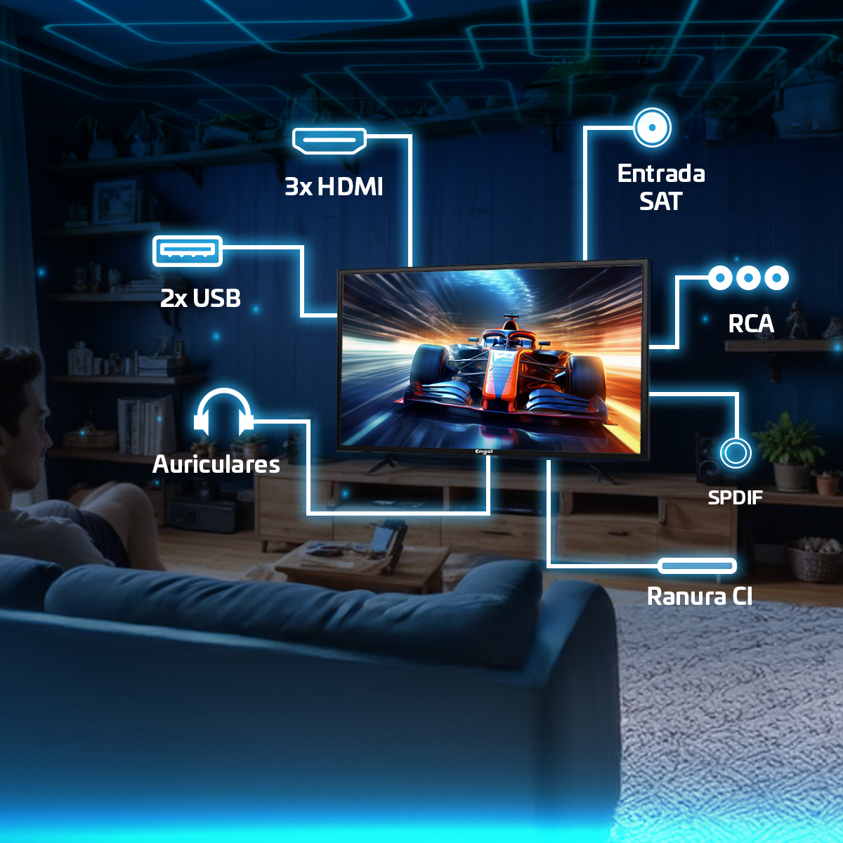 Ekran telewizora z samochodem wyścigowym. Telewizor ma różne porty wejściowe. Osoba relaksuje się.