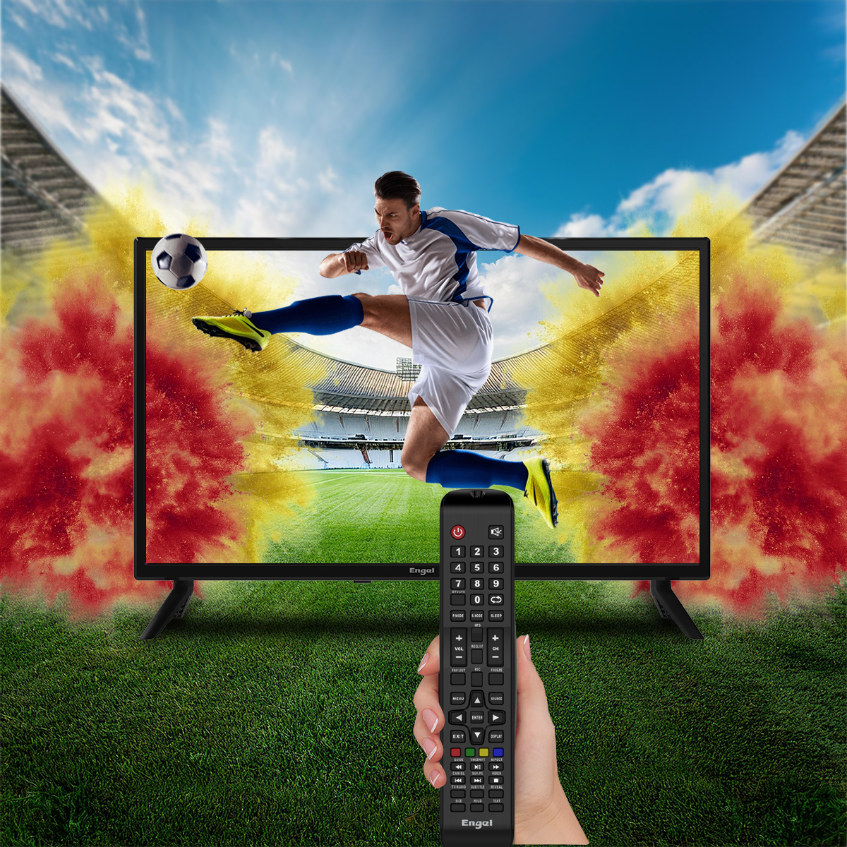 Mecz piłki nożnej wyświetlany na telewizorze. Osoba trzyma pilota.