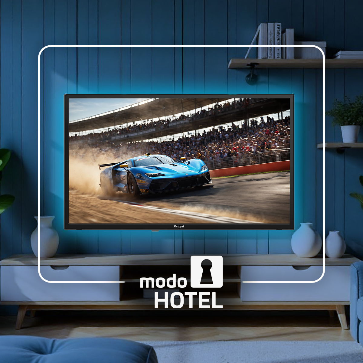 Ekran TV z samochodem wyścigowym na torze. TV na białej szafce. Niebieska ściana z tyłu.