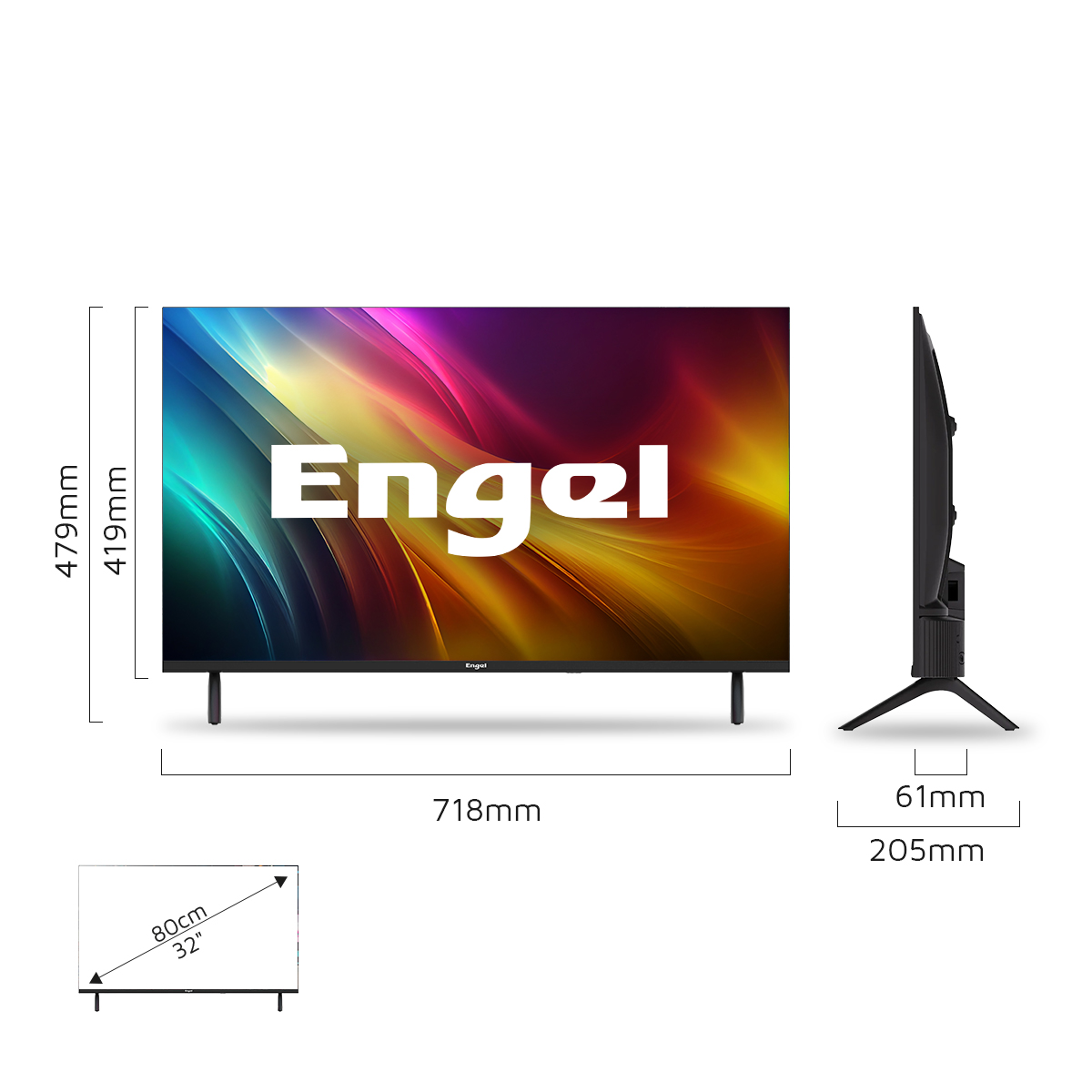 Televisor de pantalla plana con dimensiones mostradas, sobre fondo blanco.