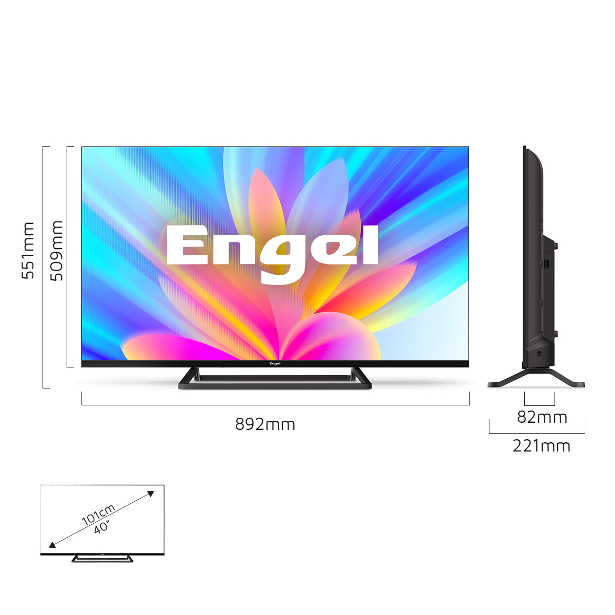 TV con dimensiones mostradas, marca Engel. Vistas lateral e inferior.