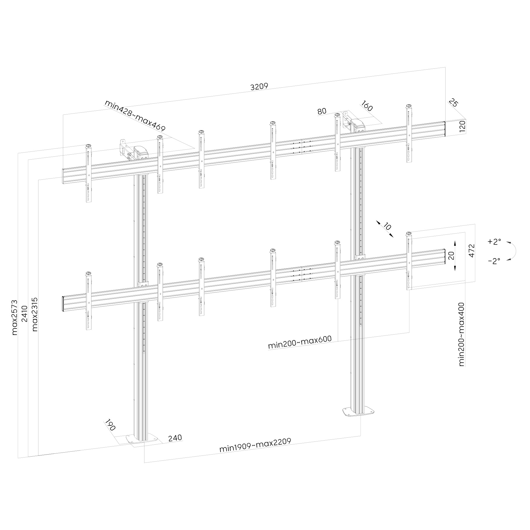 Diagrama de un soporte para dos televisores, con dimensiones e instrucciones de montaje.
