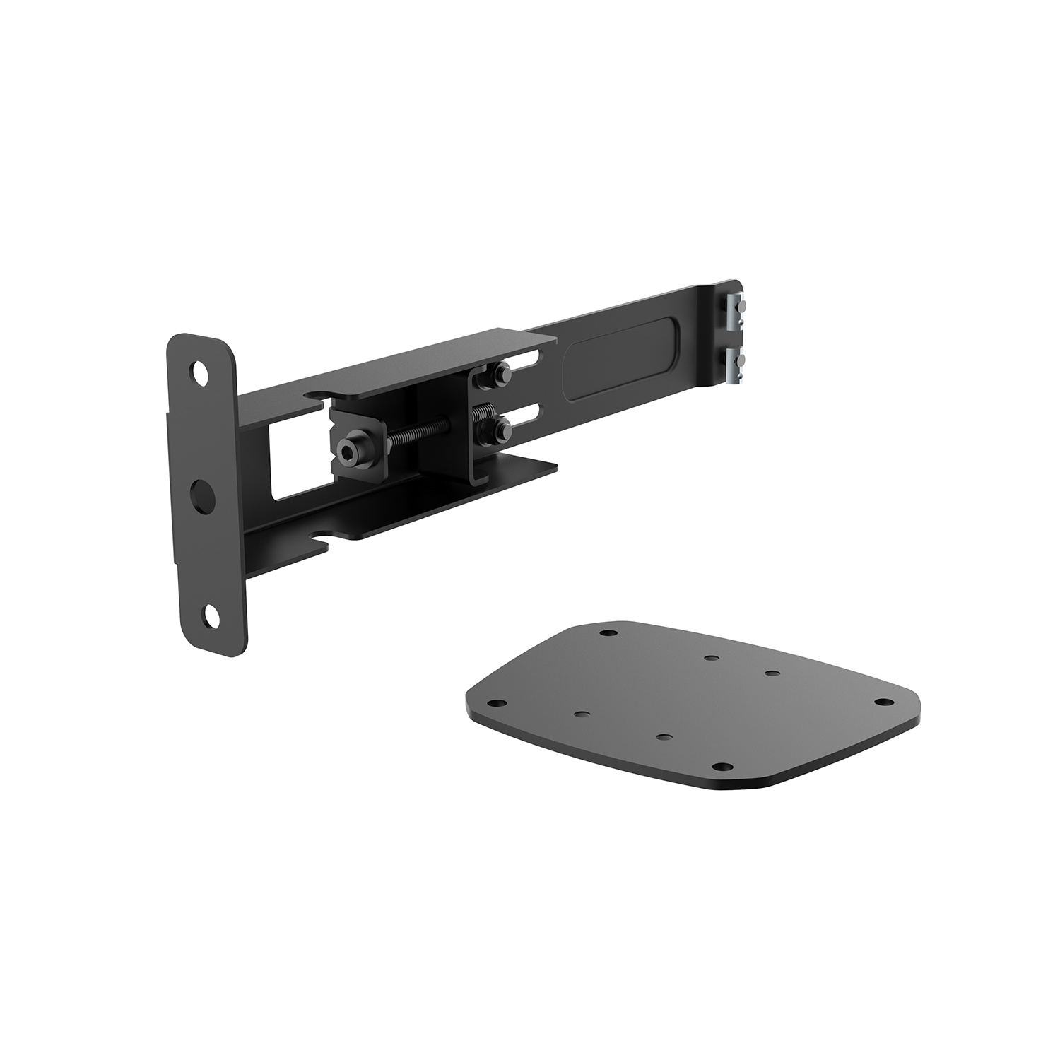 Soporte y placa de metal negro. Soporte con ajustes. Placa con orificios para tornillos. Aislado sobre fondo blanco.