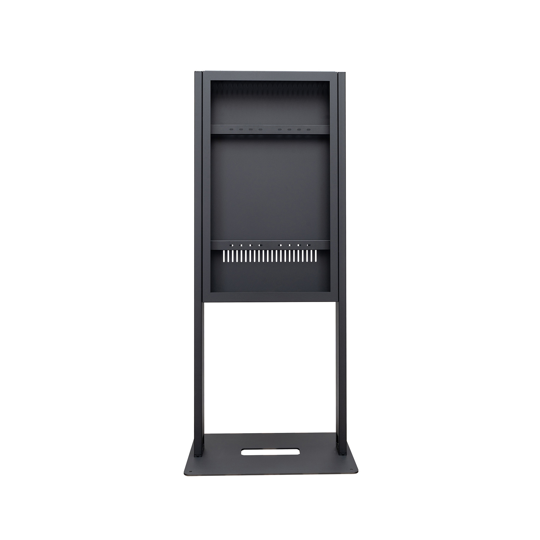 Zwarte, hoge metalen displaystandaard met planken en een voet.