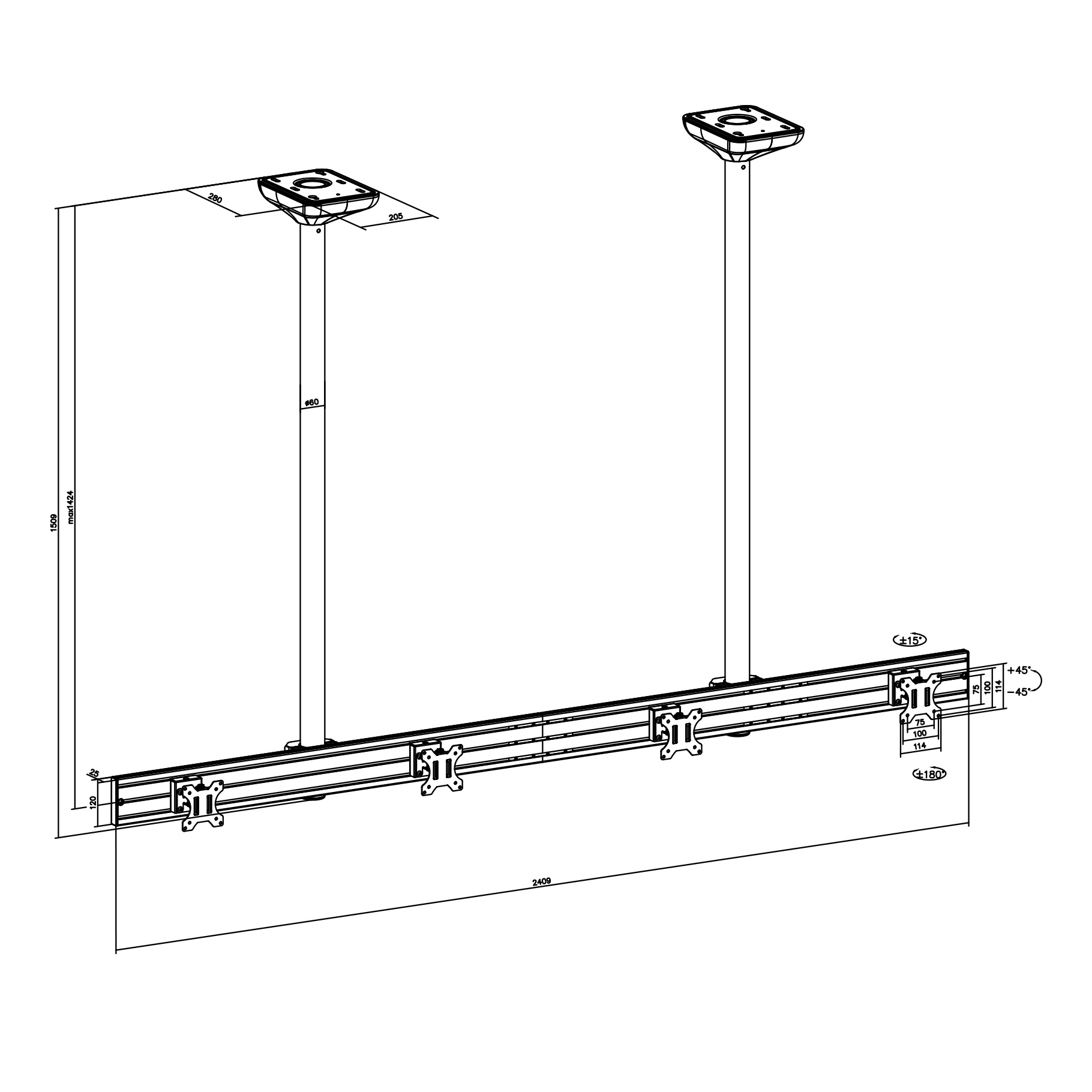 Disegno tecnico di un sistema di visualizzazione a soffitto. Mostra dimensioni e componenti, in bianco e nero.
