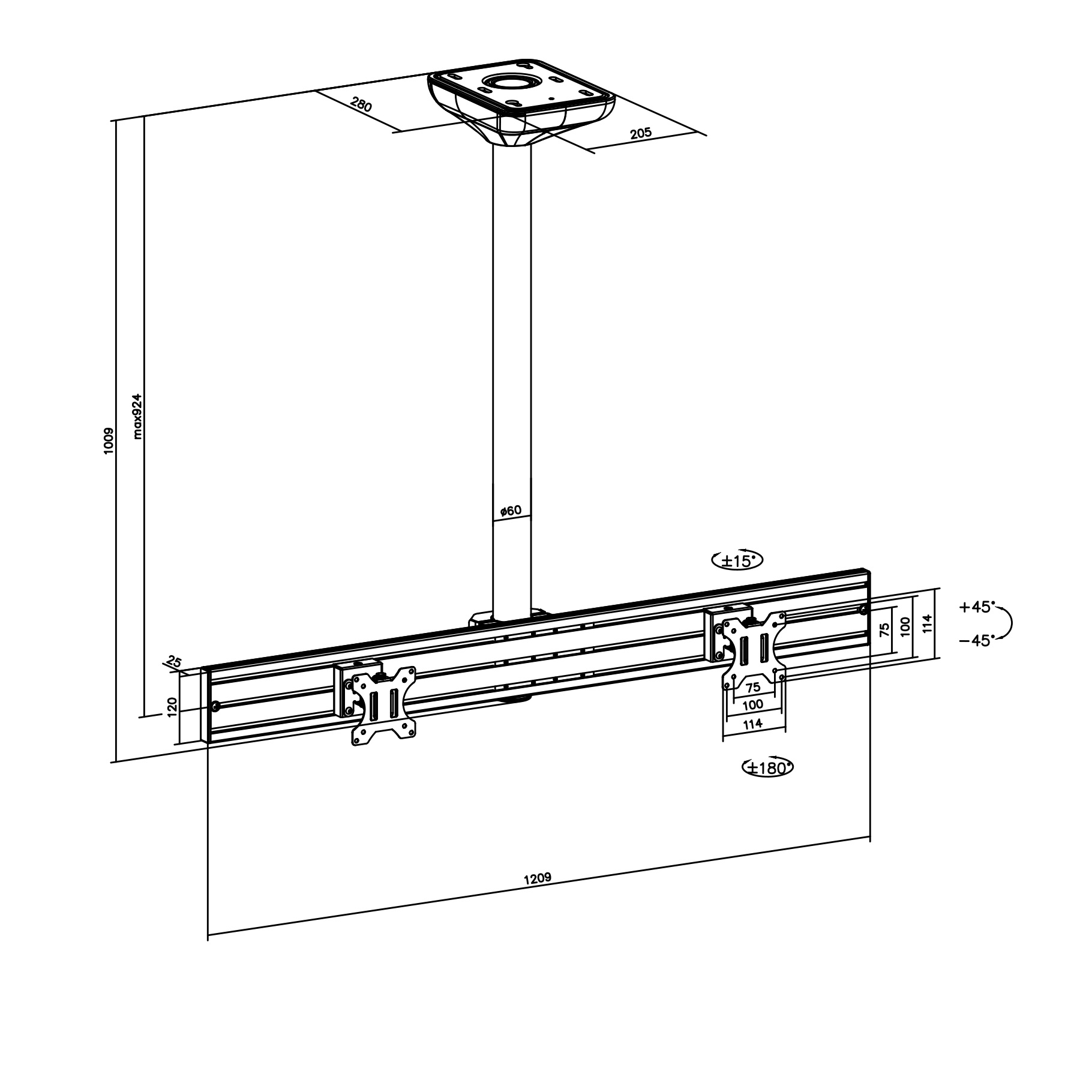 Diagrama de un soporte de techo para TV con medidas y ángulos para la instalación.