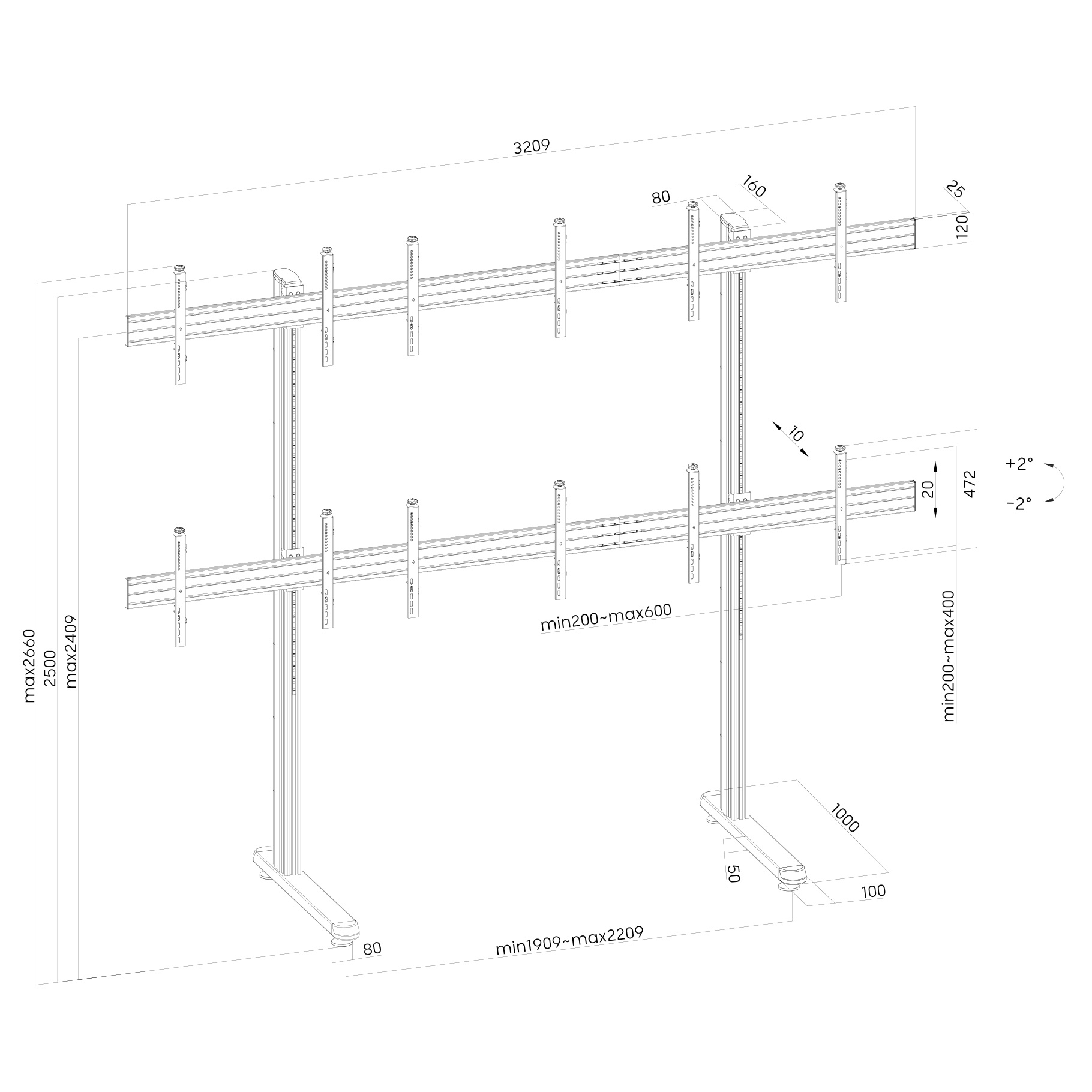 Un dibujo técnico de un soporte de TV de doble pantalla con mediciones y dimensiones detalladas.