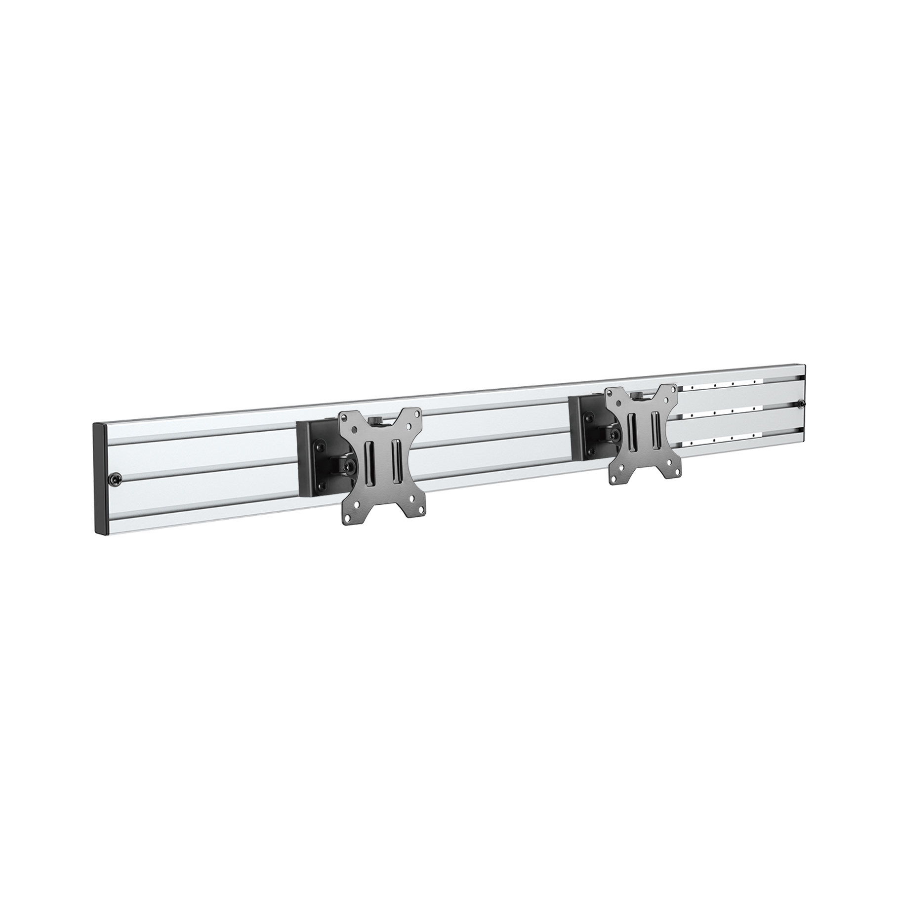 Soporte para doble monitor. Metal plateado, horizontal, con soportes para dos monitores.