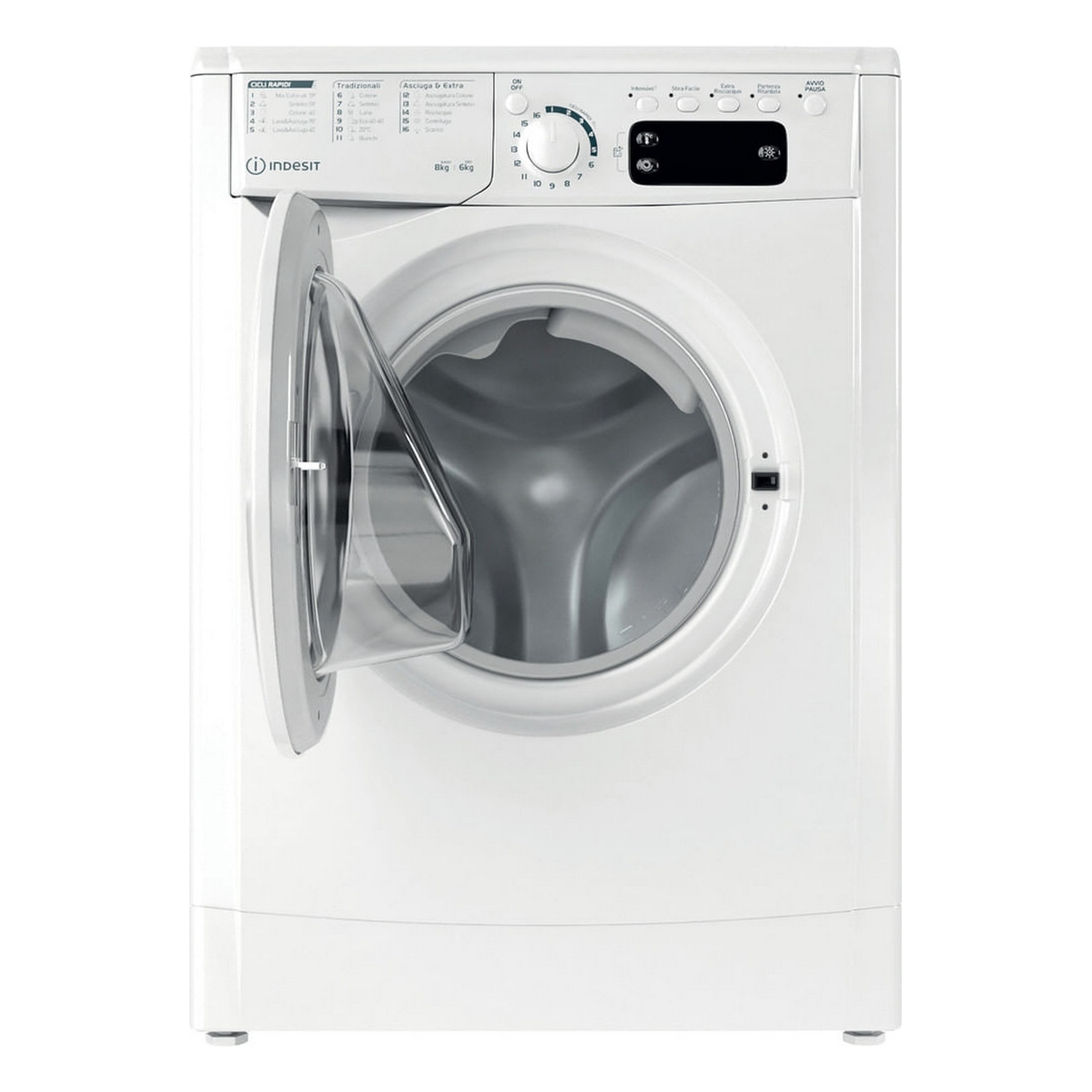 Eine weiße Waschmaschine mit geöffneter Tür, die die Trommel zeigt. Die Marke ist Indesit.