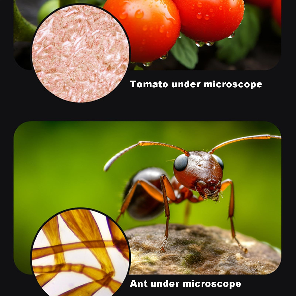 Mikroskopische Ansichten einer Tomate und einer Ameise. Die Tomate hat eine rote, strukturierte Oberfläche.