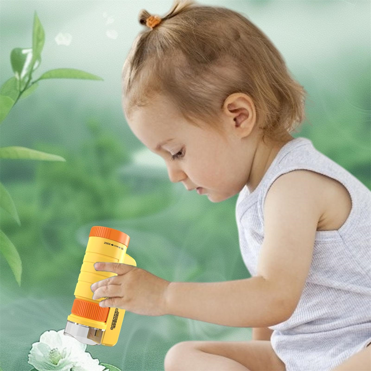 Ein Kleinkind untersucht ein gelbes Mikroskop über einer weißen Blume, mit grünem Hintergrund.