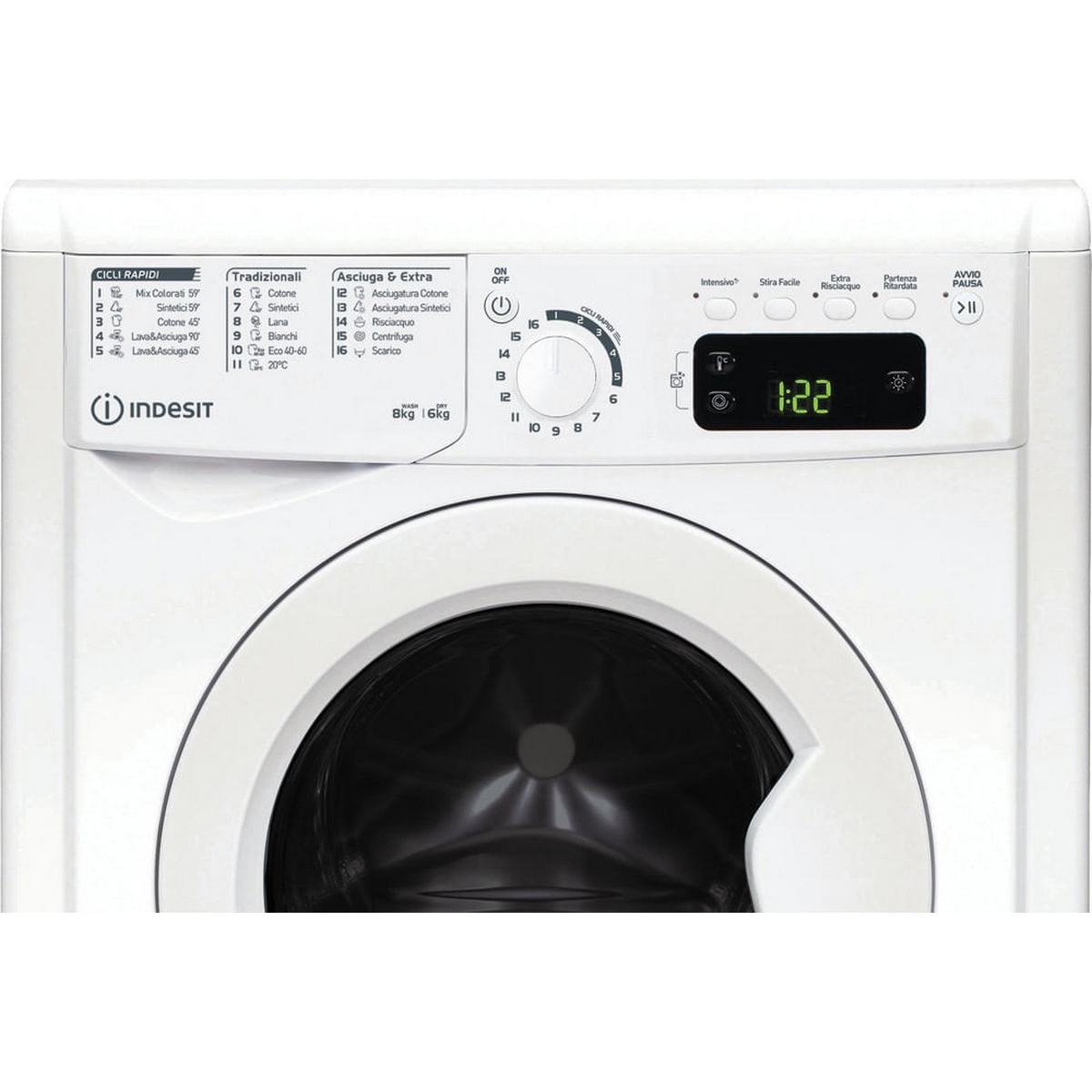 Weiße Waschmaschine. Marke Indesit. Bedienfeld mit verschiedenen Einstellungen. Vorderansicht.