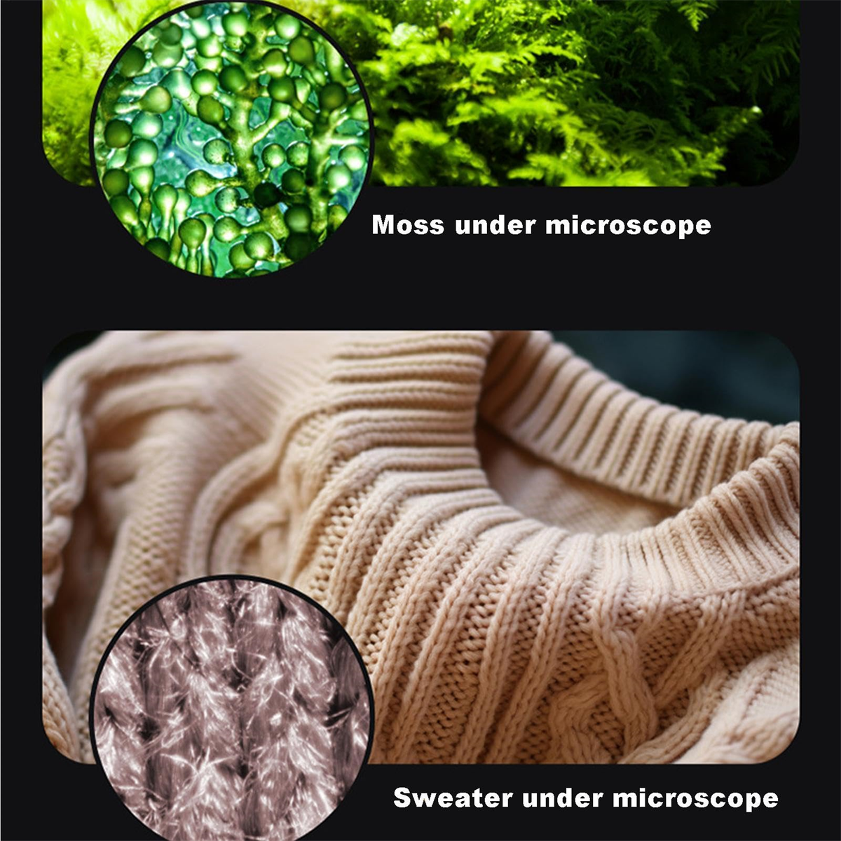 Mikroskopaufnahmen: Moos und Stoff eines Pullovers. Das Moosbild ist grün, der Pullover hat eine braune Textur.