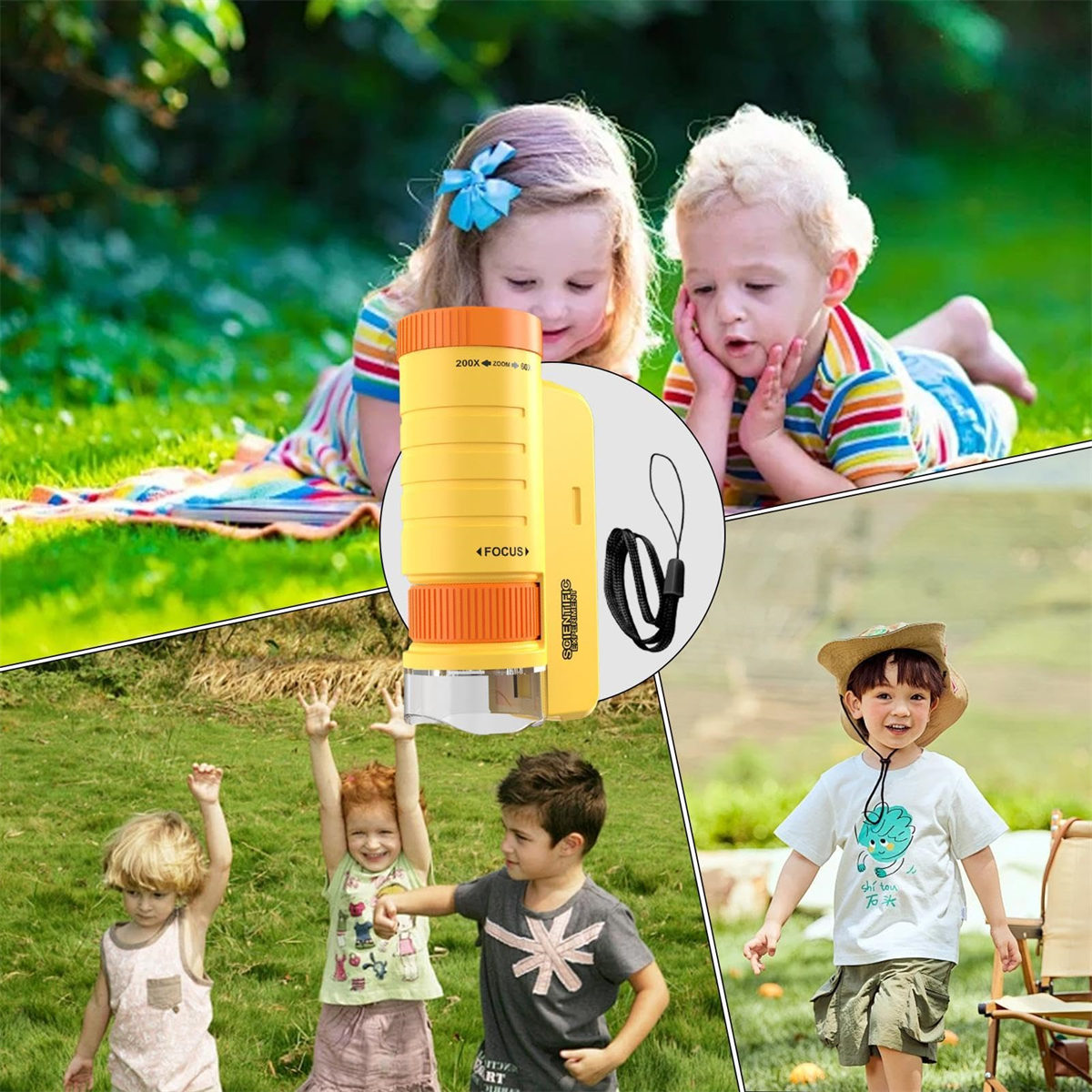 Zwei Kinder und ein Mikroskop. Kinder betrachten das Mikroskop, und andere Kinder spielen.