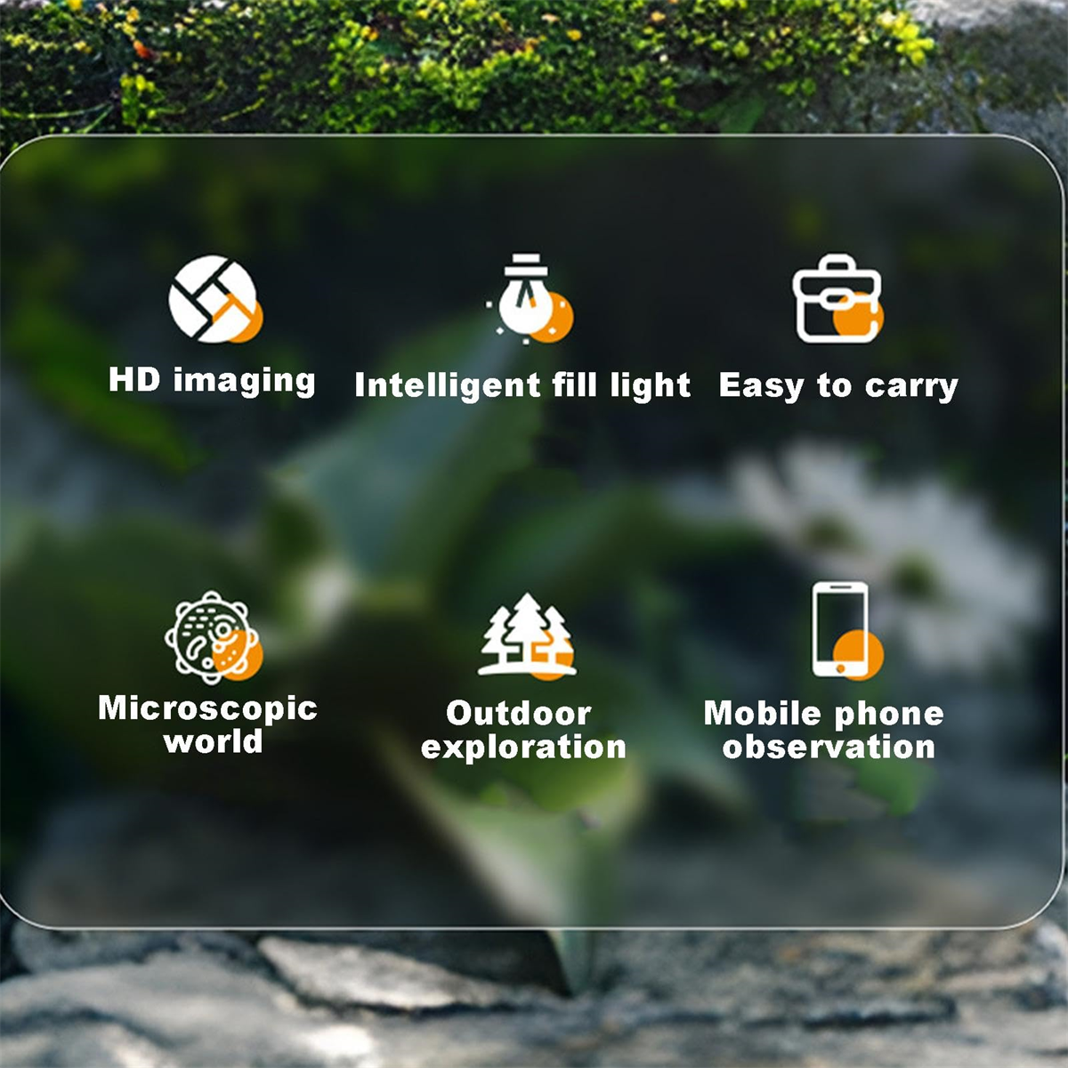 Symbole mit Text: HD-Bildgebung, Intelligentes Fülllicht, Einfach zu tragen, Mikroskopische Welt, Outdoor-Erkundung.