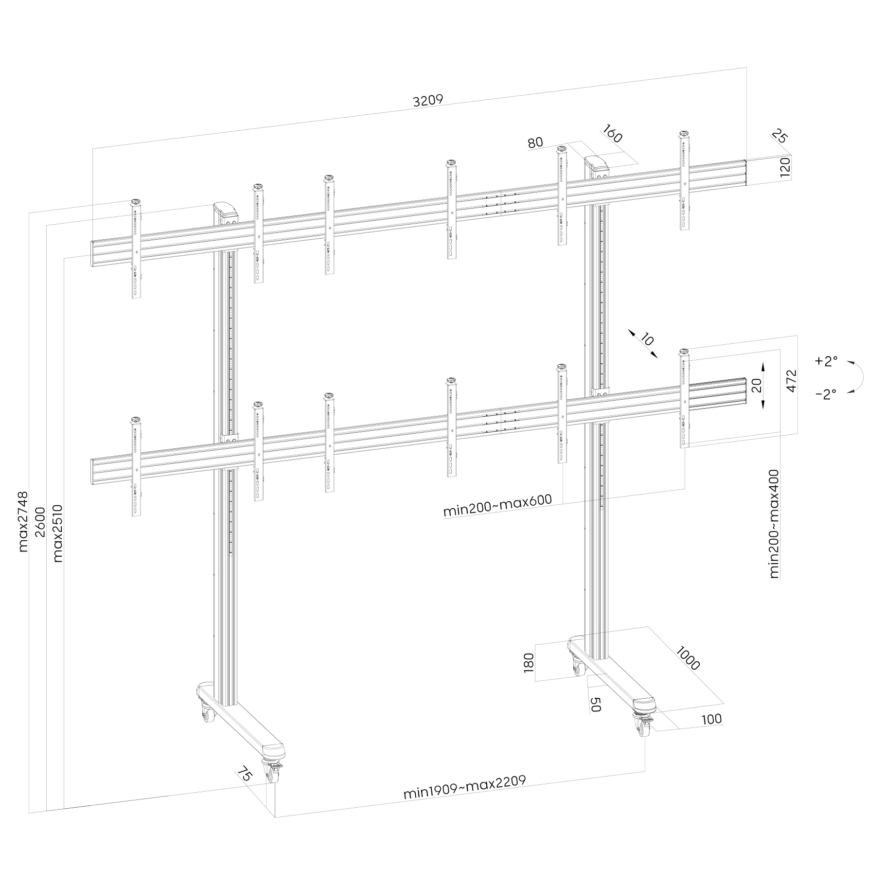 Un dibujo técnico de un soporte de TV. Presenta medidas y detalles para montar múltiples pantallas.