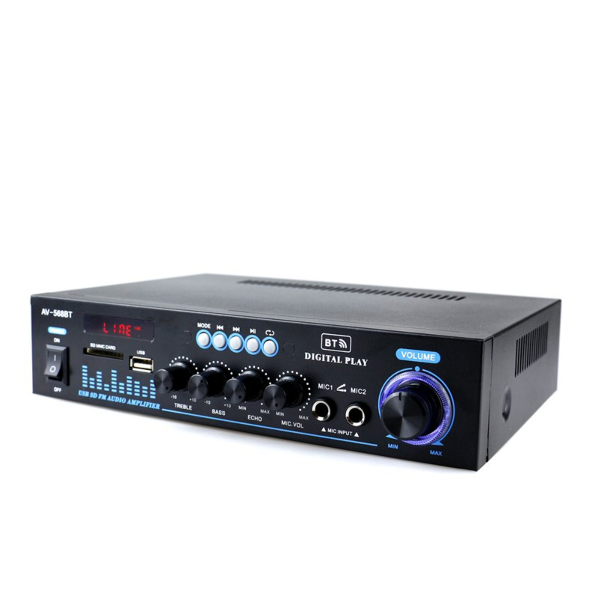 Schwarzer AV-Verstärker mit Knöpfen, Tasten und USB-Anschlüssen. Text 'AV-568BT' und 'DIGITAL PLAY' sind sichtbar.