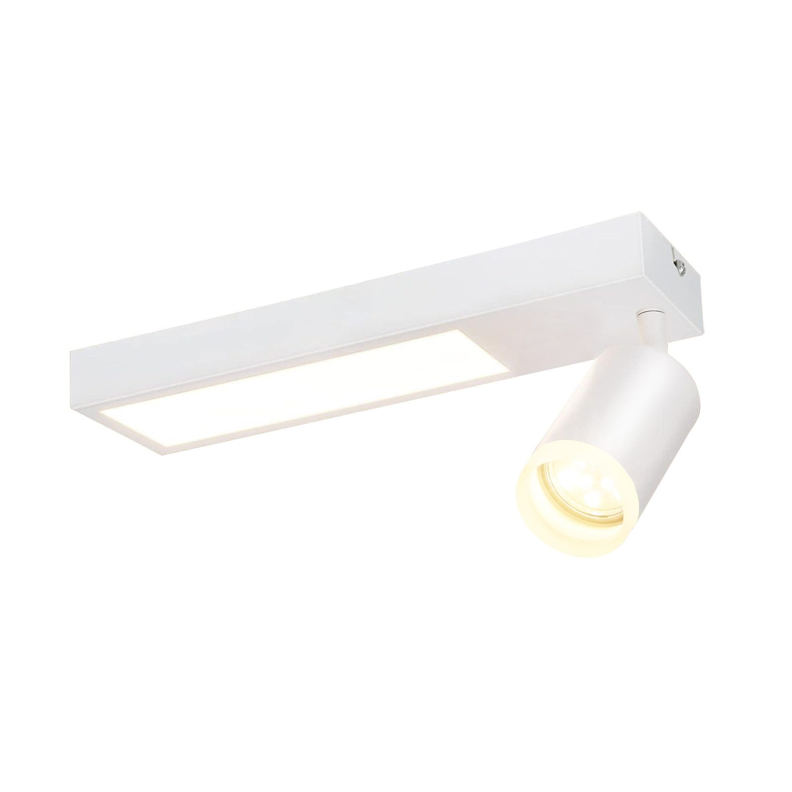 Faretto rettangolare bianco e argento con luce rettangolare. La luce è accesa.