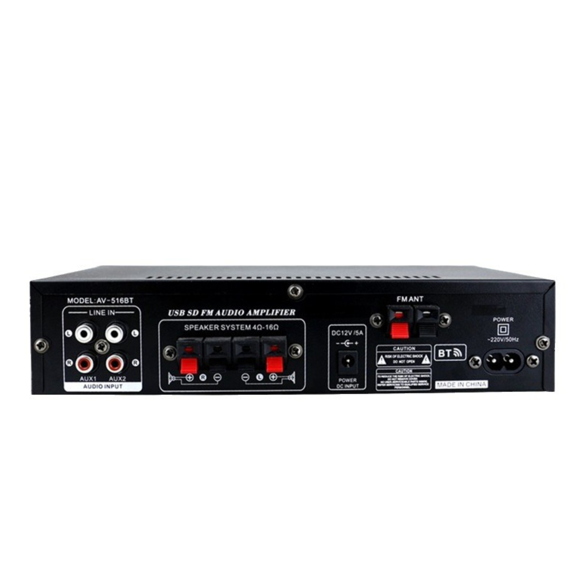 Schwarzer Audioverstärker mit mehreren Ein- und Ausgängen, einschließlich AUX und FM ANT. Verfügt über USB- und Bluetooth-Funktionen.