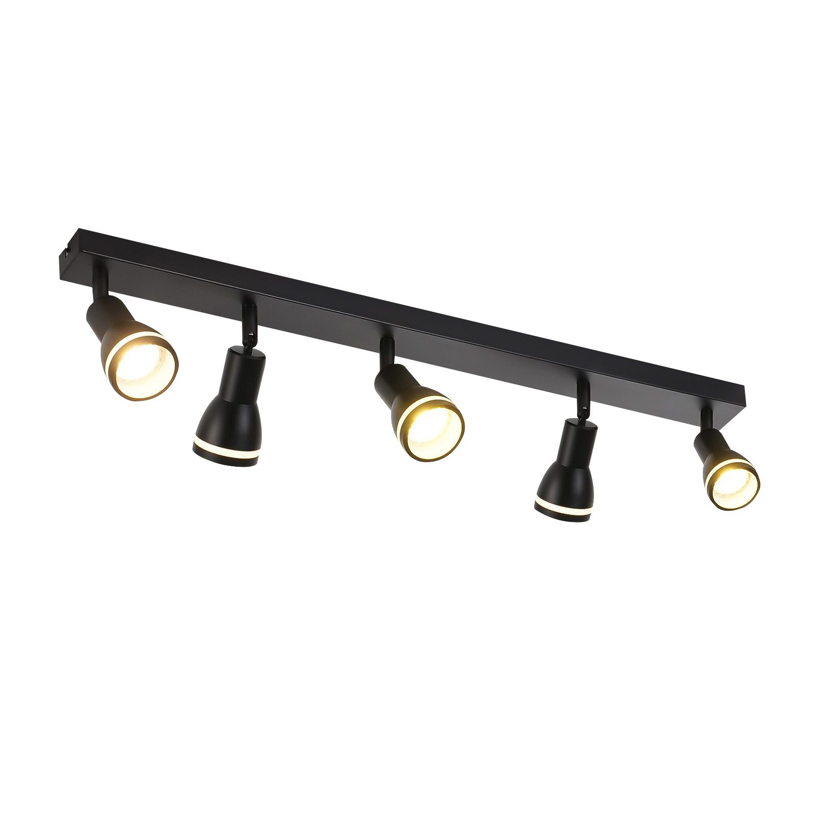 Apparecchio di illuminazione a binario nero con cinque faretti. Le luci sono accese e luminose. Sfondo bianco.