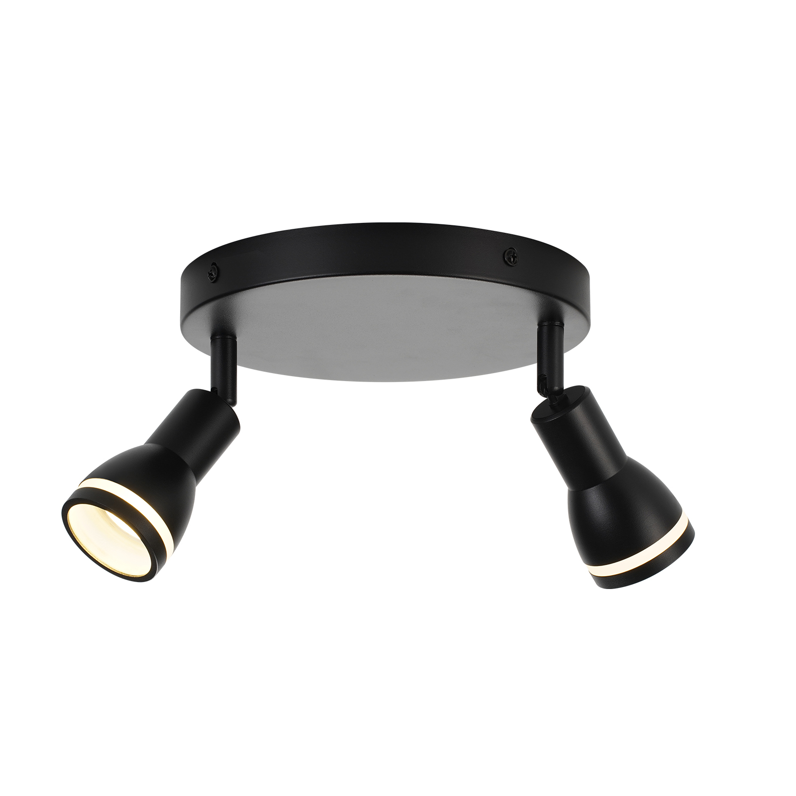 Faretto da soffitto nero con due teste regolabili. Luce bianca emessa da ogni testa. Base rotonda nera.
