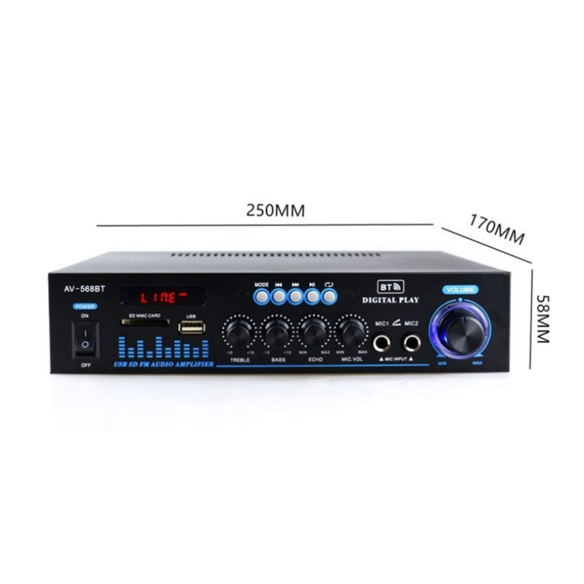 Schwarzer Audioverstärker mit Knöpfen, Display und in Millimetern beschrifteten Abmessungen.